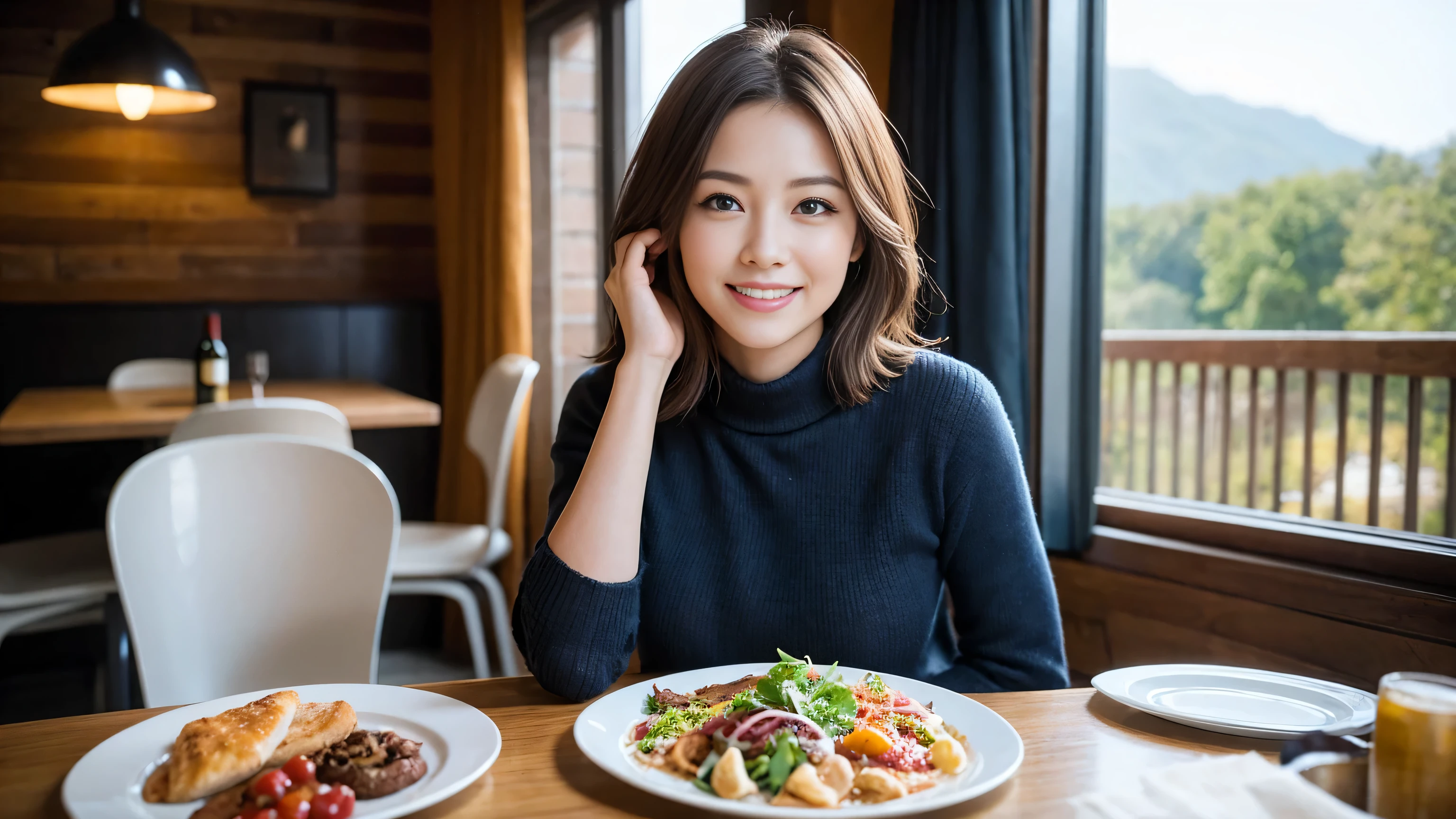 (highest quality、8k、masterpiece:1.3)、Beautiful woman with perfect figure:1.4、Dark brown hair、wine 、2 people、Knit dress、Highly detailed face and skin、Fine grain、double eyelid、Huge Mile、30th generation、Sex Appeal、テーブルにWine Glass、Facial lighting、 Amazing view of the sunset sky and clouds、Amazing mountain views、A bright smile、A lovely woman with a smile、Bright image、The beauty of wine, Beautiful Face, blue eyes, Blushing, short hair,Bright Face、Fox face、 (36 years old), 39 years old, Lady、Red wine 、Appetizers、Italian food、wine bottle、Champagne、Sparkling wine、Two beauties、Brown Hair、Shortcuts、Long sleeve shirt、dress、Pretty Woman 1, (Slim face), (The body is slim), (Brown Hair), (Shortcuts), cheeks turn a little red,Attractive beauty、, Out of the window, A beautiful and detailed night view unfolds.........., restaurant, In a prominent place (From the waist up) Nova Frog Style, actress, model, Upper Body, White wine, slim, Wine Glass, 真ん中に置かれたWine Glass, smile, (smile: 1.15), Beautiful fine grain, Depth f/2,saturation, High Contrast, Strong light and shadow,Moist Body:1.5、3D texture、Delicate eyes、Brown Hair、The hair is very shiny、