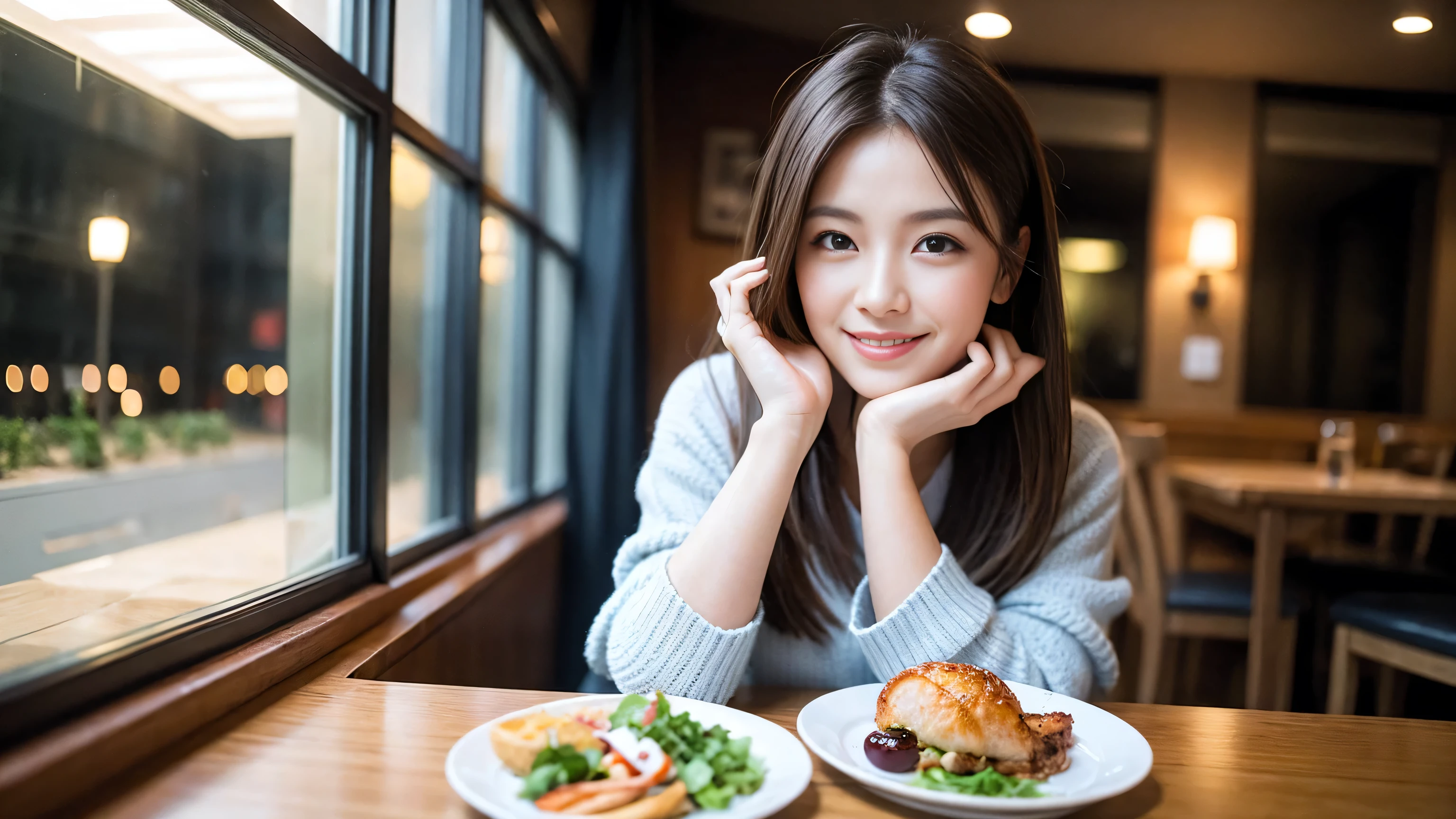 (highest quality、8k、masterpiece:1.3)、Beautiful woman with perfect figure:1.4、Dark brown hair、wine 、2 people、Knit dress、Highly detailed face and skin、Fine grain、double eyelid、Huge Mile、30th generation、Sex Appeal、テーブルにWine Glass、Facial lighting、 Amazing view of the sunset sky and clouds、Amazing mountain views、A bright smile、A lovely woman with a smile、Bright image、The beauty of wine, Beautiful Face, blue eyes, Blushing, short hair,Bright Face、Fox face、 (36 years old), 39 years old, Lady、Red wine 、Appetizers、Italian food、wine bottle、Champagne、Sparkling wine、Two beauties、Brown Hair、Shortcuts、Long sleeve shirt、dress、Pretty Woman 1, (Slim face), (The body is slim), (Brown Hair), (Shortcuts), cheeks turn a little red,Attractive beauty、, Out of the window, A beautiful and detailed night view unfolds.........., restaurant, In a prominent place (From the waist up) Nova Frog Style, actress, model, Upper Body, White wine, slim, Wine Glass, 真ん中に置かれたWine Glass, smile, (smile: 1.15), Beautiful fine grain, Depth f/2,saturation, High Contrast, Strong light and shadow,Moist Body:1.5、3D texture、Delicate eyes、Brown Hair、The hair is very shiny、