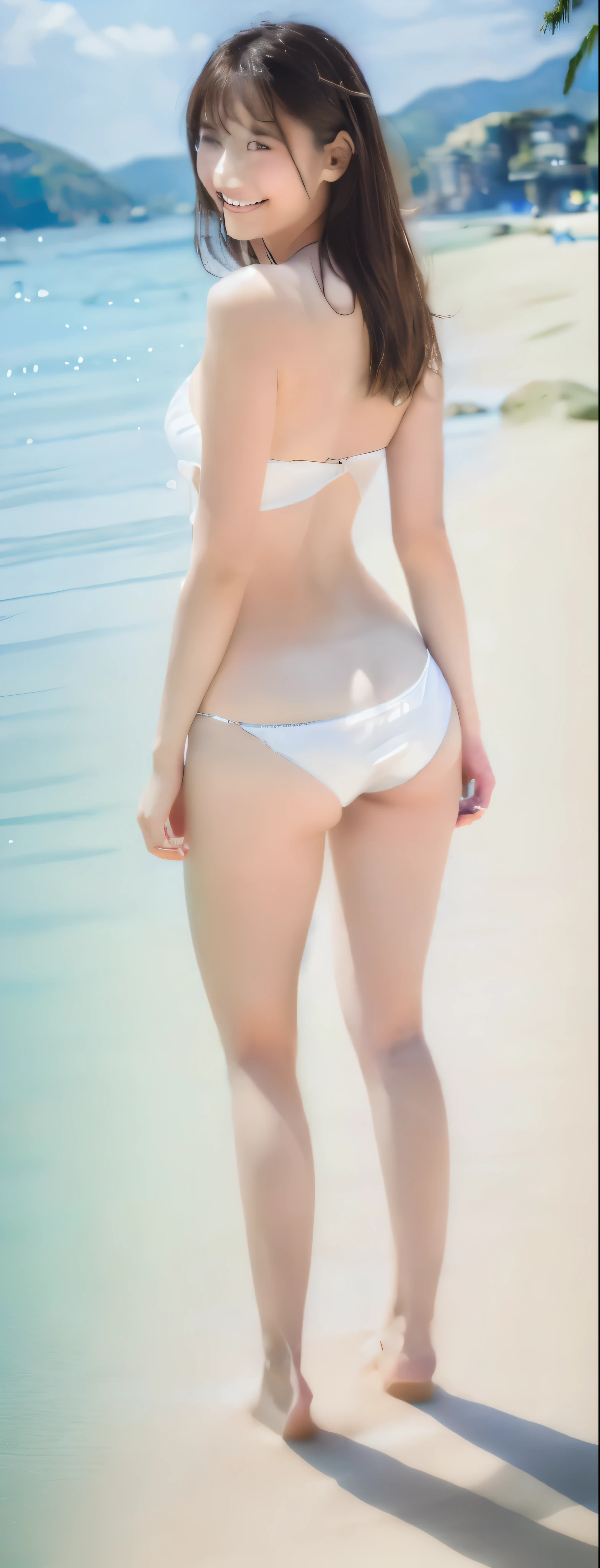 Ultra-detailed photos, Asian woman in her 50s wearing a white bikini on the beach, White silver bikini, Elegant and smooth body, Shapely and firm ass, Rear view, Photorealistic perfect body, Beautiful female waist, Attractive appearance, Metal Bikini, Lower body close-up, Features of a smooth body, Photo from behind, Glossy plastic bikini, Slim girl model photo, smile, Midsummer Day, 