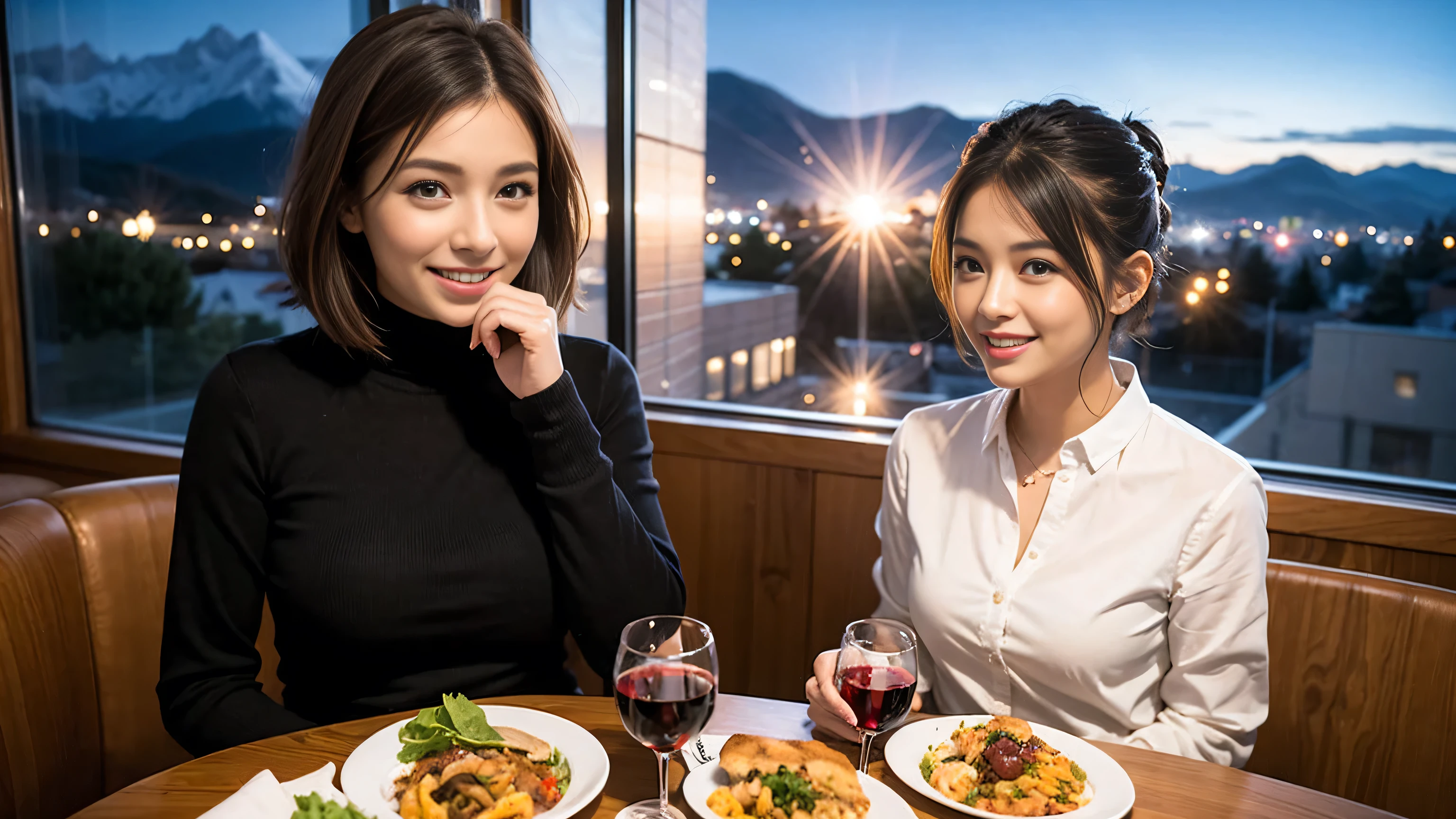 (highest quality、8k、masterpiece:1.3)、Beautiful woman with perfect figure:1.4、Dark brown hair、wine 、2 people、Knit dress、Highly detailed face and skin、fine grain、double eyelid、テーブルにWine Glass、Facial Lighting、 Amazing view of the sunset sky and clouds、Amazing mountain views、Laugh brightly、Smiling lovely woman、Bright image、The beauty of wine, Beautiful Face, blue eyes, Blushing, short hair,Bright Face、 (36 years old), 39 years old, Lady、Red wine 、Appetizers、Italian food、Wine Bottle、Champagne、Sparkling wine、Two beauties、Brown Hair、Shortcuts、Long sleeve shirt、dress、Pretty Woman 1, (Slim face), (The body is slim), (Brown Hair), (Shortcuts), cheeks turn a little red,Attractive beauty、, Out of the window, A beautiful and detailed night view unfolds.........., restaurant, In a prominent place (From the waist up) Nova Frog Style, actress, model, Upper Body, White wine, slim, Wine Glass,