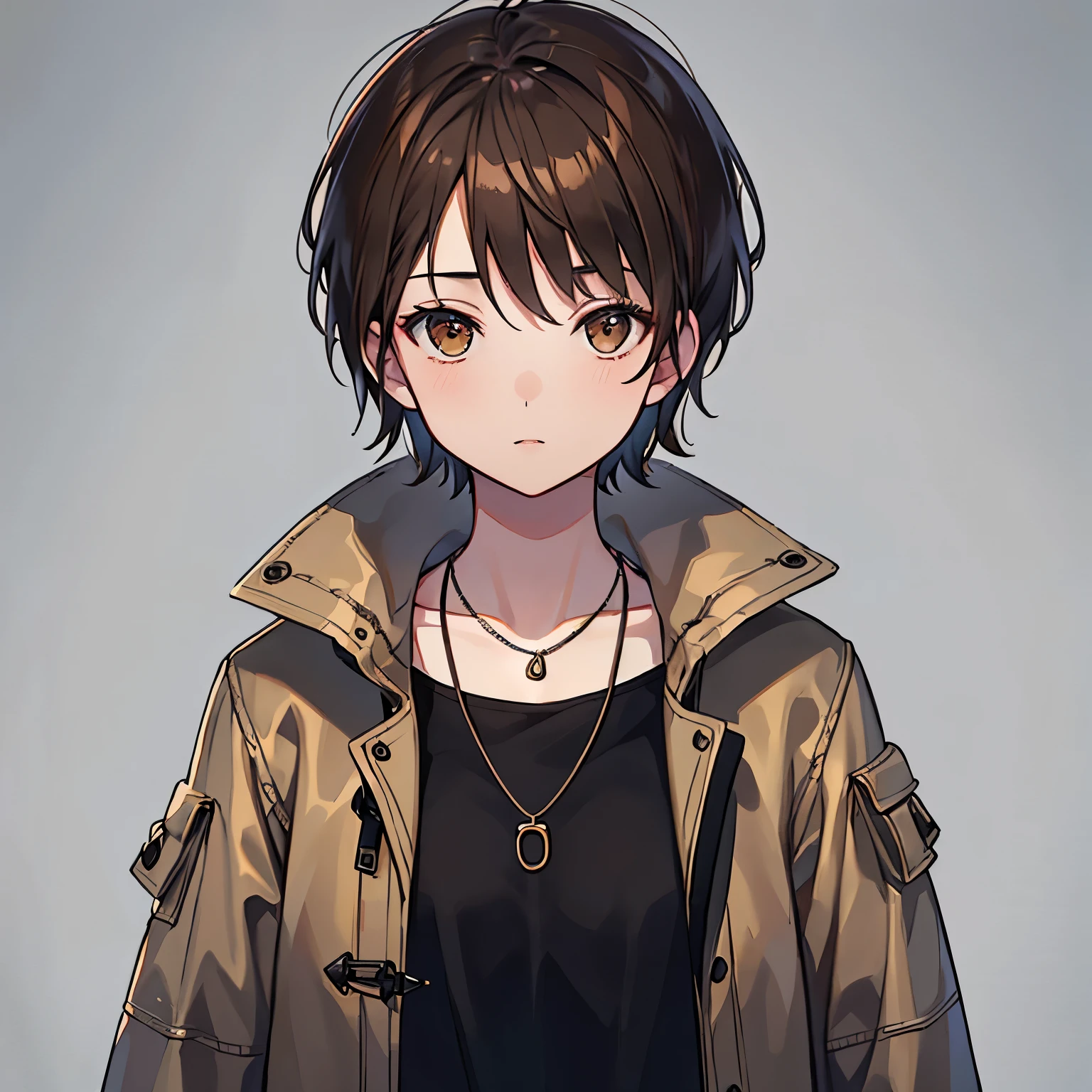 best quality, high quality, 1girl, brown hair, very short hair, brown eyes, slant eyes, 1Necklace, fair skin, short, boyish, 20-year-old, Wear a big coat, upper body, solid white background