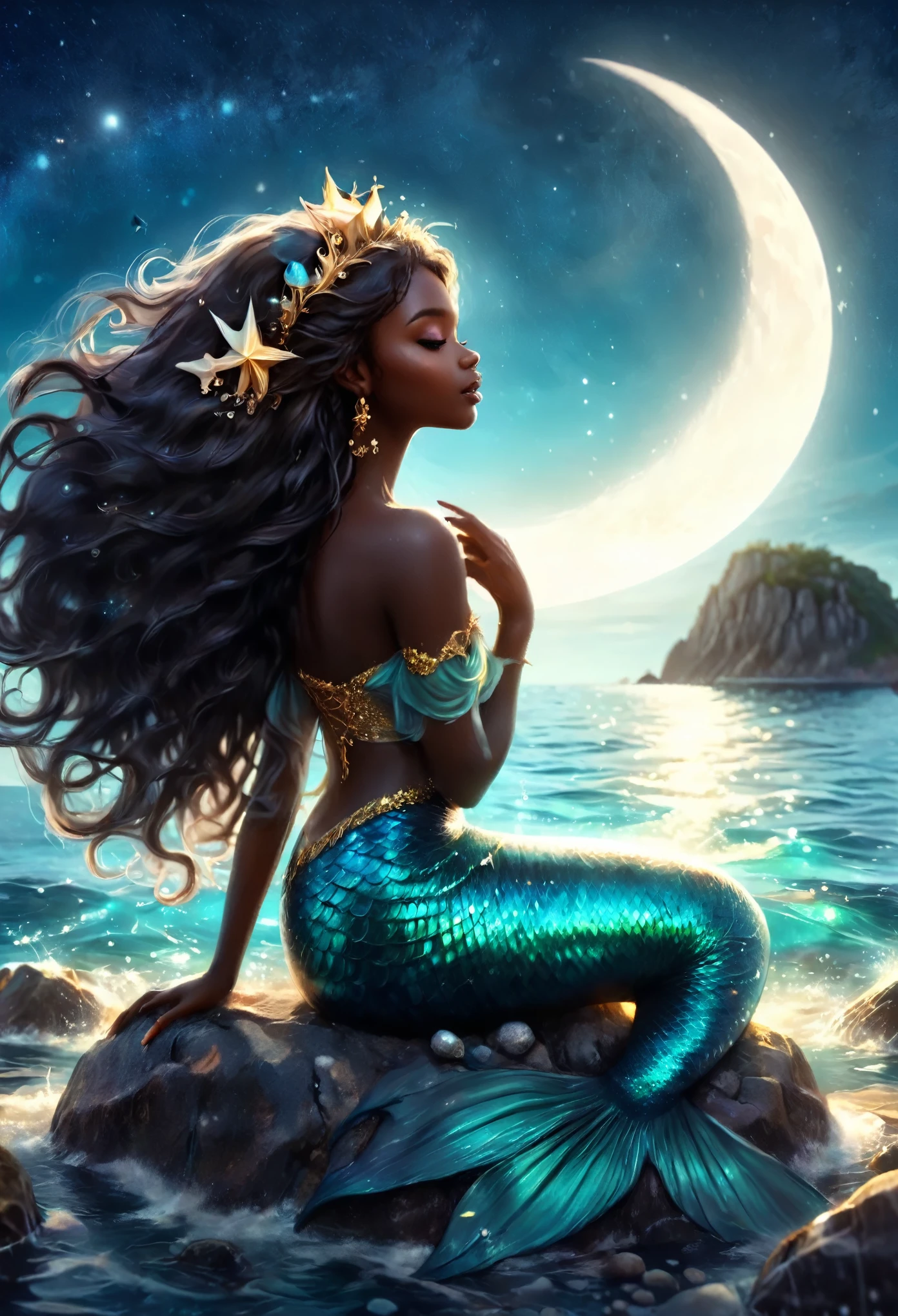 Mermaid Princess Illustration,( dark skin:1.2)， Sitting on a rocky beach, Beautiful clear waters, Backlight, Strong winds, Spirit of the Wind, Night，Starry Sky