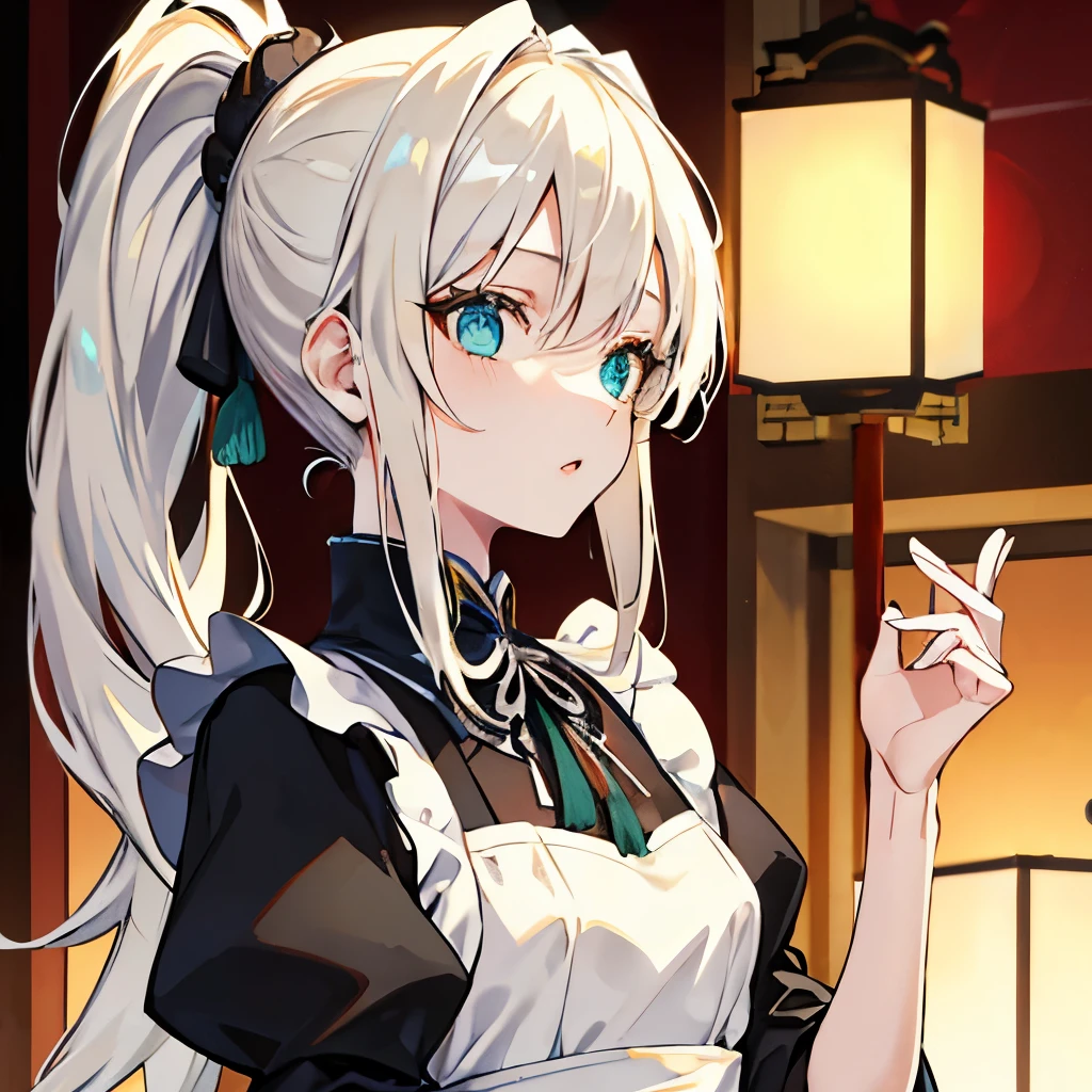 young woman, platinum blonde, dark, straight hair, disheveled hair, ponytail hairstyle, anime style, Chinese dress, maid, antique dress, very small bust, blue-green eyes, 1 girl,