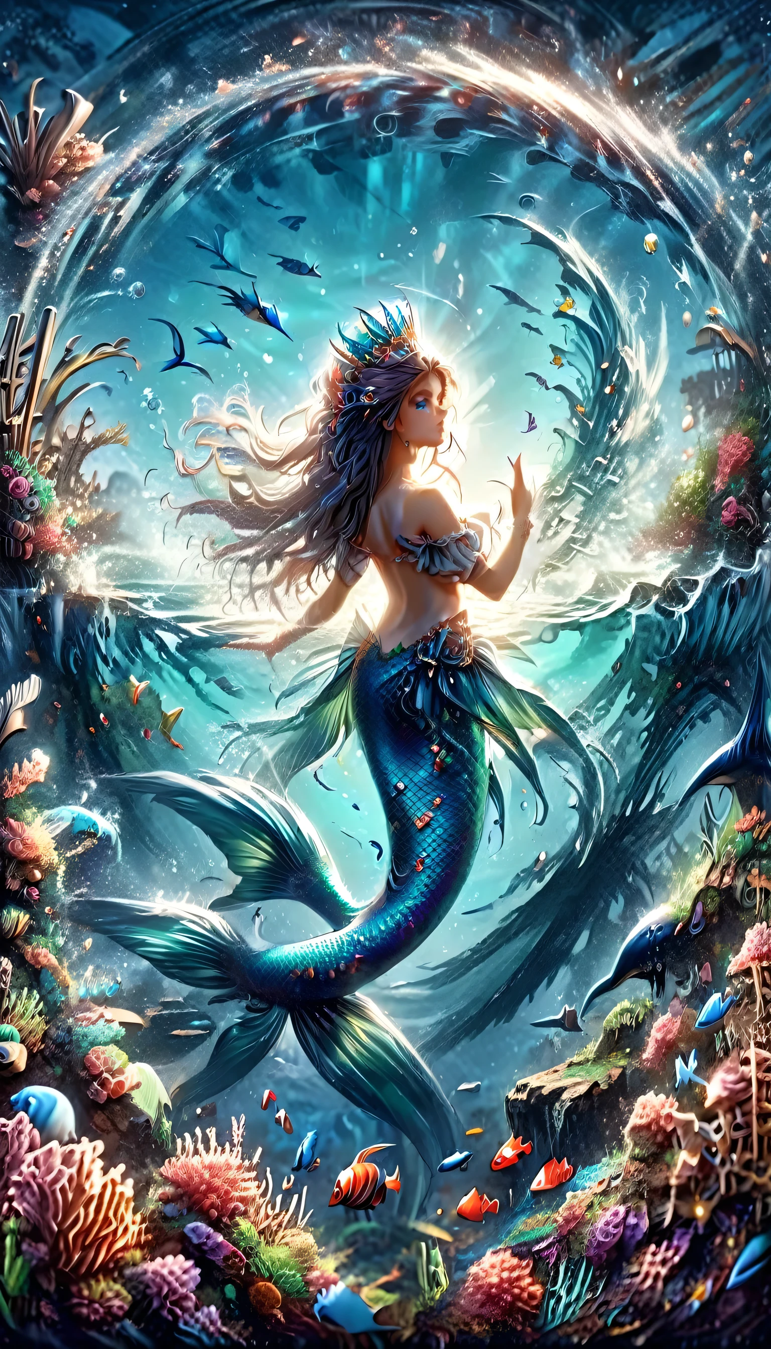 high details, best quality, 16k, ultra detailed, masterpiece, best quality, (extremely detailed), full body, ultra wide shot, RAW, photorealistic, fantasy art, dnd art, rpg art, realistic art, an ultra wide picture of a mermaid princess in steampunk times, under the sea (intricate details, Masterpiece, best quality: 1.4) , female mermaid, (blue: 1.3) skin, (green: 1,3) hair, long hair, swirling hair, intense eyes, small pointed ears, ((blue eyes)), ((glowing eyes)), wearing sea shell clothing, she wears a crown  studded with gems(intricate details, Masterpiece, best quality: 1.4),  beautiful mermaid, you can see rich underwater life, fish, riff, dynamic fantasy blue beach background ((magical atmosphere)), high details, best quality, highres, ultra wide angle, ggmine, RagingNebula