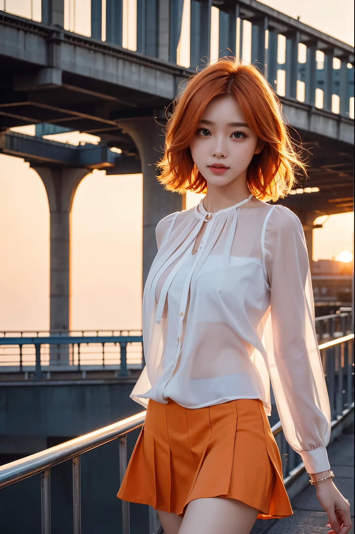 whole body、Friendly faces、1 pretty girl、blouse、skirt、pedestrian bridge、skyscraper、sunset、complex background、detailed hair、light orange hair、dim lighting、short hair length、There is movement
