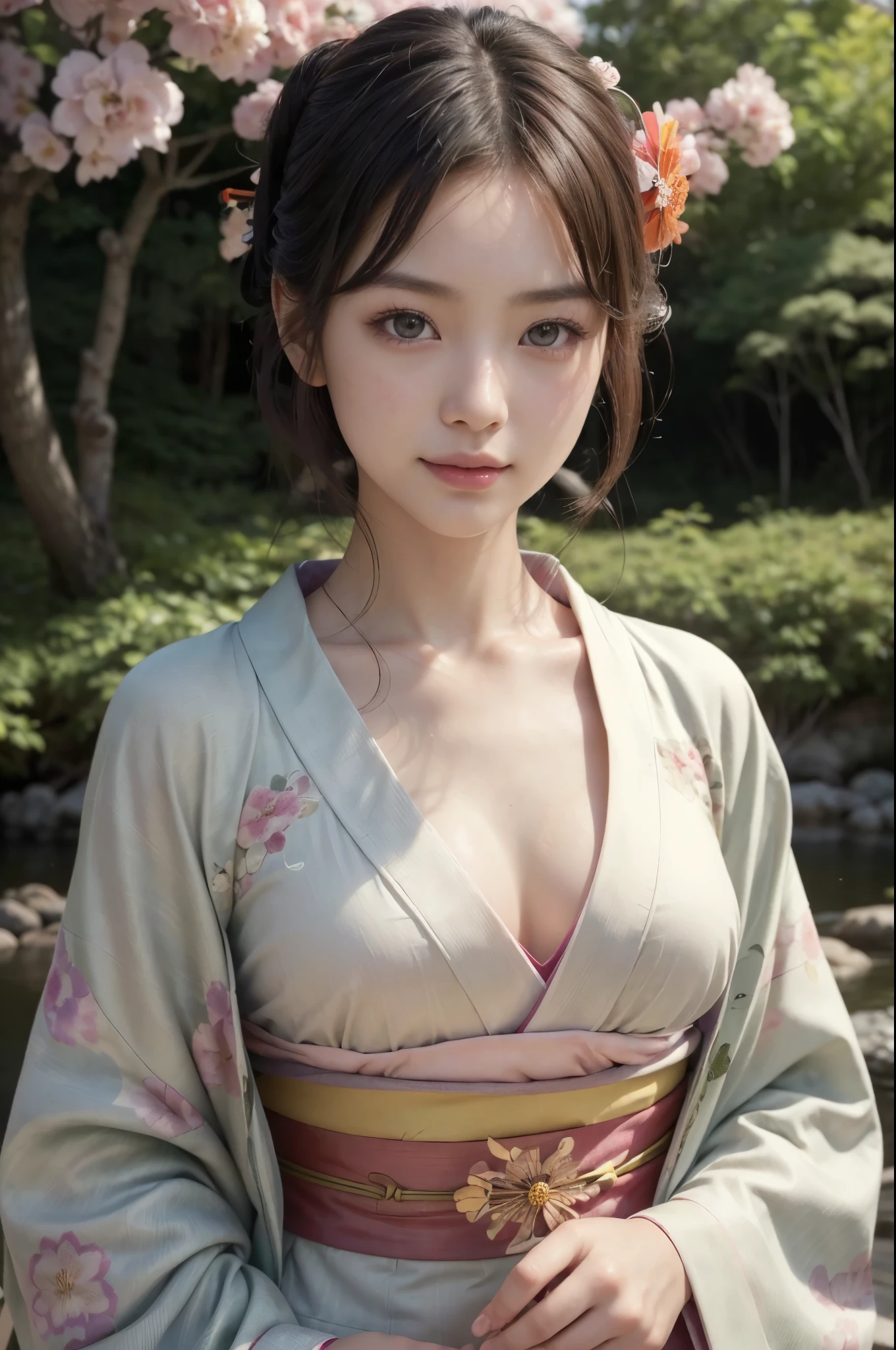 (masterpiece, highest quality, Realistic, High resolution, photograph, :1.3), Sharp focus, 1 Cute Japanese Girl, Hot Model, Highly detailed eyes and pupils, Realistic Skin, Highly detailed hair, Delicate face, Sensual look, Bright lips, Natural Lip, ((whole body shot)), standing pose, smile, (Kimono:1.5), (Floral), outside of home, (Japanese Style Country), full body,
