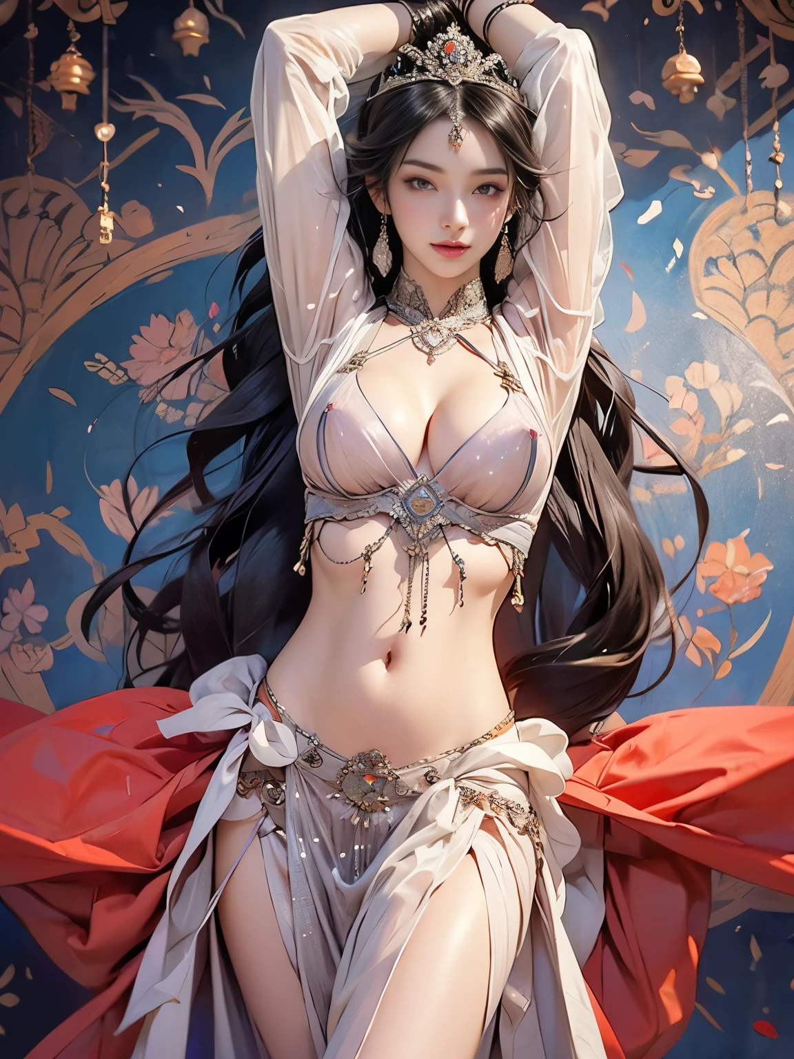Zerg Queen Beautiful Girl: Ranlinger, 18 years old with slim body, (Belly dancer:1.6), Messy Hair, beautiful Perfect Face, Soft Skin, Perfect Face, Yasutomo Oka's painting style, Big firm Breasts, hard nipples, wearing Belly dancer's (see-through:1.6) red dress, breasts exposed, cleavage is exposed, jewelries, tiara, Add light purple and purple, Add Light Red, Intricate details, Splash screen, 8K resolution, masterpiece, Sexy, Sharp Eyes, Break, white silver, dynamic sexy poses, sweat, (passionately dancing:1.4), (16th century arabic castle, alhambra palace, geometric pattern mural:1.3), Sharp Eyes, Break, white Blonde, Strong winds, Colorful light
