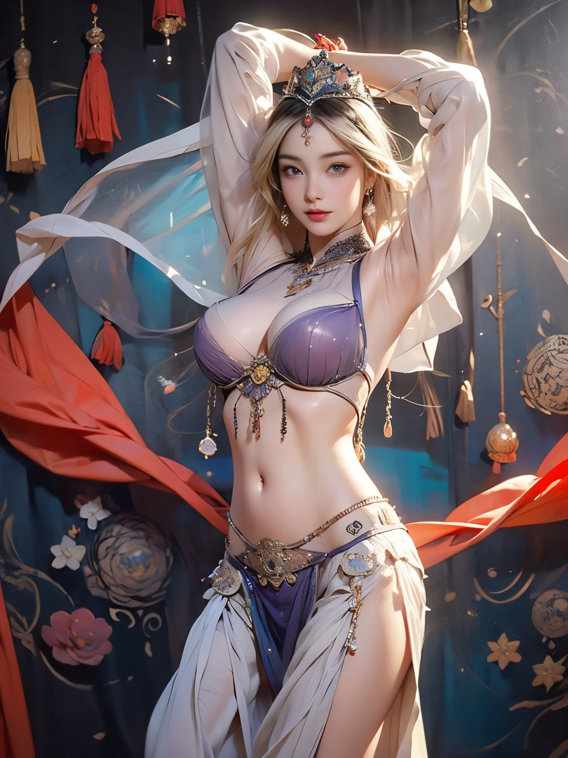 Zerg Queen Beautiful Girl: Ranlinger, 18 years old with slim body, (Belly dancer:1.6), Messy Hair, beautiful Perfect Face, Soft Skin, Perfect Face, Yasutomo Oka's painting style, Big firm Breasts, hard nipples, wearing Belly dancer's (see-through:1.6) red dress, breasts exposed, cleavage is exposed, jewelries, tiara, Add light purple and purple, Add Light Red, Intricate details, Splash screen, 8K resolution, masterpiece, Sexy, Sharp Eyes, Break, white silver, dynamic sexy poses, sweat, (passionately dancing:1.4), (16th century arabic castle, alhambra palace, geometric pattern mural:1.3), Sharp Eyes, Break, white Blonde, Strong winds, Colorful light