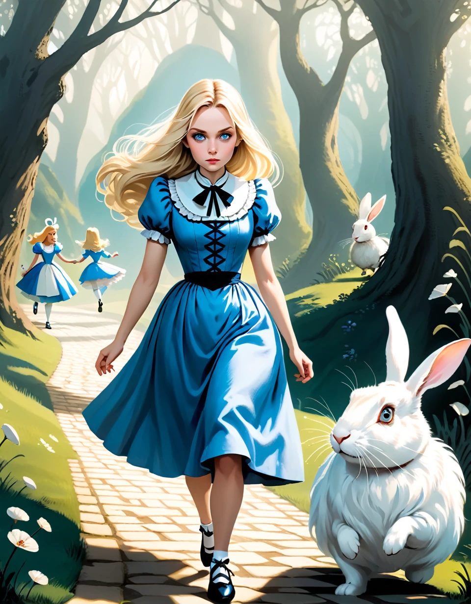 Alice in wonderland, blonde hair, mature female, looking serious, following a white rabbit running away, fairy tales, in fantasy style