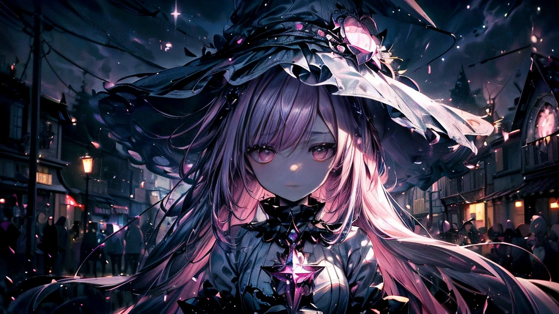 (Artwork,Better Quality,Ultra-detailed),1 girl,Pink Hair,pink witch hat,(Pale skin),pink witch costume,Beautifully detailed face, Fine grain,Watching the audience,Small box,((Gray Theme),((depression, sadness, melancholic)),Tired look,sad,Starry Sky , 32k, Highest Resolution