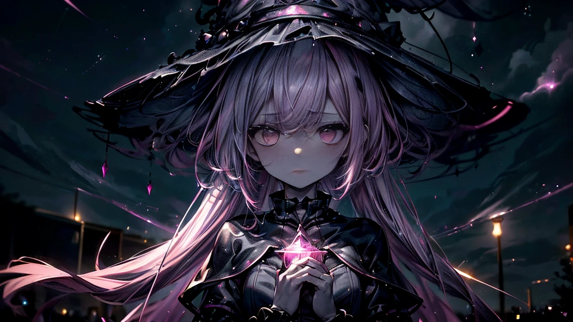 (Artwork,Better Quality,Ultra-detailed),1 girl,Pink Hair,pink witch hat,(Pale skin),pink witch costume,Beautifully detailed face, Fine grain,Watching the audience,Small box,((Gray Theme),((depression, sadness, melancholic)),Tired look,sad,Starry Sky , 32k, Highest Resolution
