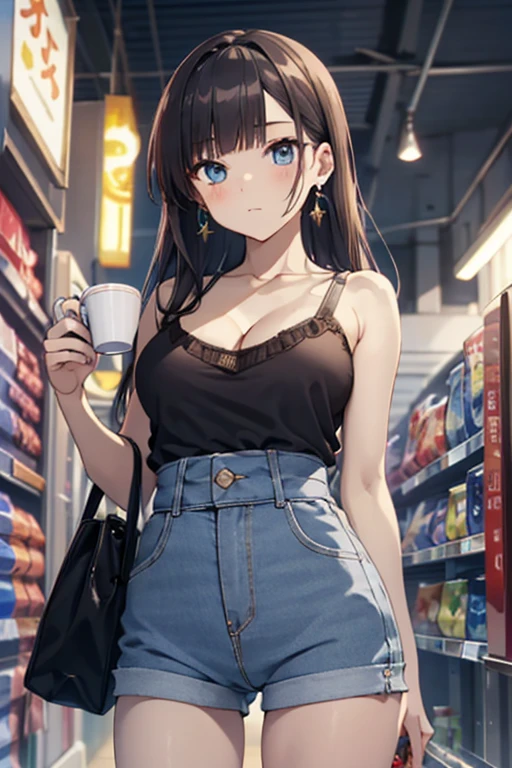 (masterpiece, Best Quality, ultra-detailed, high resolution, extremely detailed CG, official art, Professional Lighting, Perfect Anatomy, anime colors), (from below), looking at viewer, cowboy shot, perfect body, a 24yo beautiful girl, sidelocks, hairband, earrings,medium hips, glamorous body,a small face,beautiful-makeup,Makeup light,dark brown hair, Amazing Cleavage, thin waist, cute ass, Raised sexy, small breast: 1.2 posed cleavage:1.2, (off shoulders,Denimbra,legginullnude), micro denim shorts, bare legs, nail_polish, pale skin, Waiting friend, (morning:1.5), tokyo, (convenience store:1.3), outdoor, (depth of field:1.3), contrapposto, (Hold a coffee in your hand:1.3),delicate beautiful face, Bright blue eyes, cute eyes, sparkling eyes, Big eyes, (perky chest:1.1), (pointed chest:1.3), looking at viewer,
