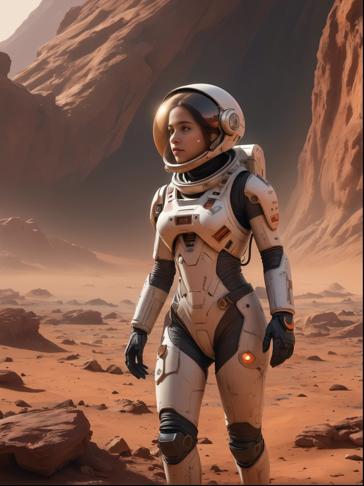 girl exploring a mysterious landscape on Mars, wearing a futuristic spacesuit with glowing LED lights, surrounded by red dust particles. The scene is depicted in a highly detailed digital painting (best quality, ultra-detailed, 4k resolution) with a realistic and photorealistic style (photo-realistic:1.37). The color palette is dominated by shades of red and orange, reflecting the Martian environment. The lighting is set to simulate the warm glow of the sun on Mars, casting long shadows on the rocky terrain. The girl's eyes are vivid and expressive, showcasing her curiosity and determination. She is holding a high-tech device in her hand, scanning the surroundings for any signs of life. As she explores, she discovers remnants of an ancient Martian civilization, with crumbling structures and hieroglyphic symbols carved into the rocks.