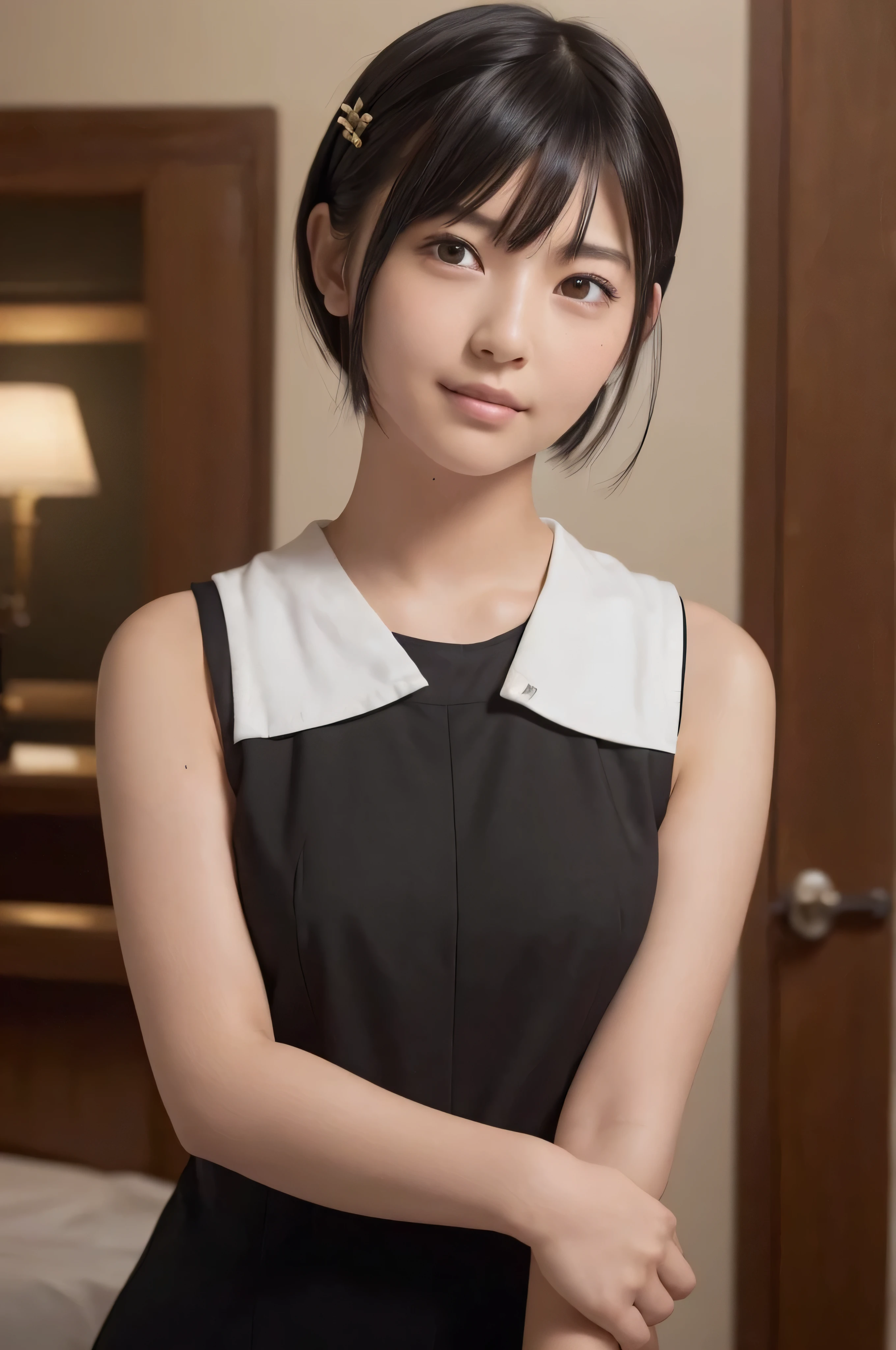 ((highest quality, 8k, Realistic skin texture: 1.3)), beauty, 1 person,Japanese Girls, whole body, Perfect Makeup, Black Hair, Blunt bangs, Dull eyebrows, Short hair tied up with hairpins、23 years old, Face Focus, Detailed face, Highly detailed lips, Fine Eyes, Sweaty skin: 1.4, ((Selfie)),Toothy smile,Sleeveless dress,Inside the Hotel,Clothes with ribbons