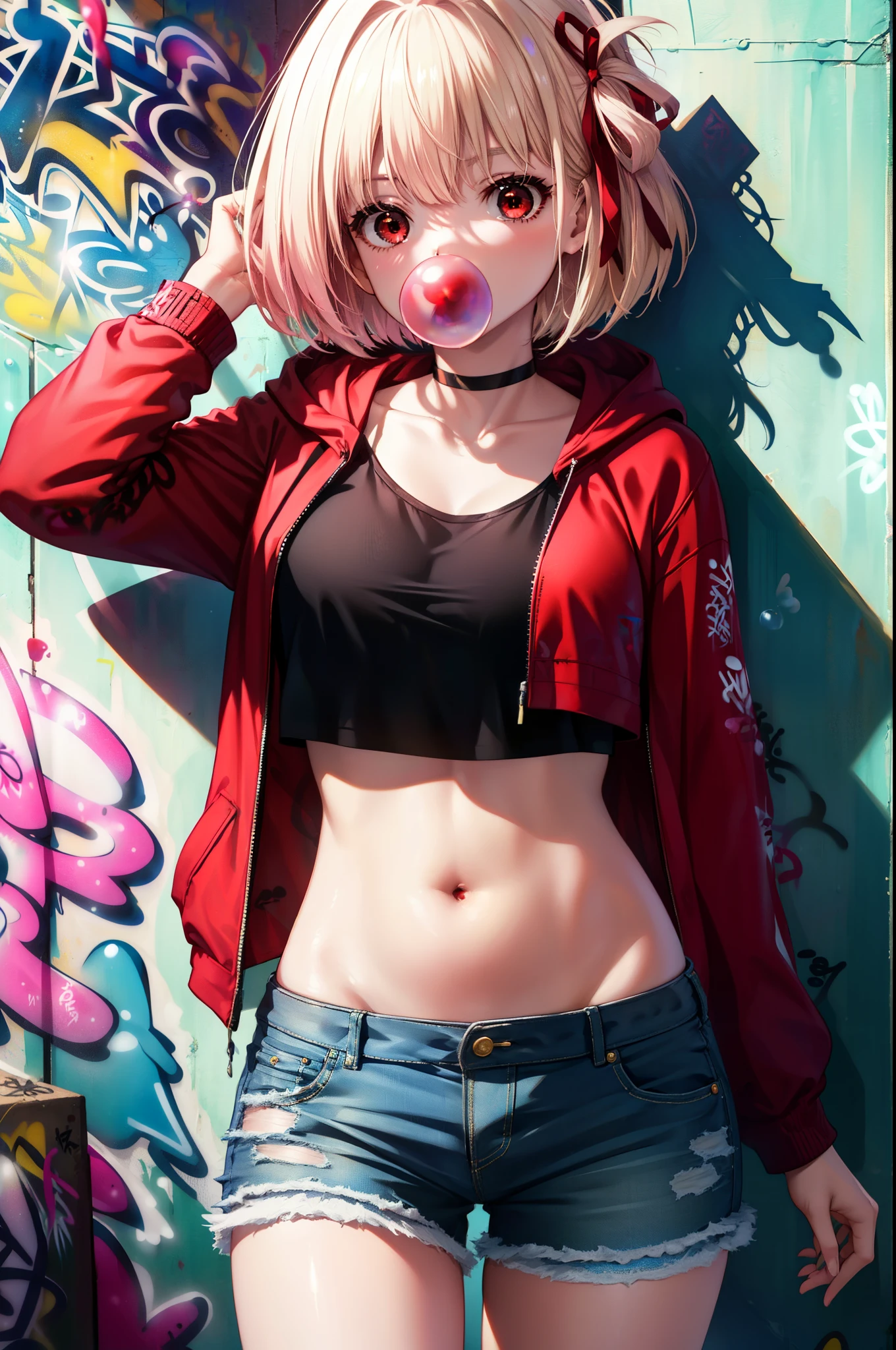 Chisato Nishikigi, Chisato Nishikigi, short hair, bangs, blonde, (Red eyes:1.5), Hair Ribbon, One side up, Red hoodie　Front opening,Wearing a hood,Blowing bubble gum, Pink bubble gum,Bobcut,Belly button tank top,Denim shorts, choker, (graffiti:1.5), Paint splashes, Place your arms behind your back, Against the wall, Looking at the audience , Thigh straps, Tilt your head, was bored,break outdoors, alley,break looking at viewer, (Cowboy Shot:1.5),
break (masterpiece:1.2), highest quality, High resolution, unity 8k wallpaper, (shape:0.8), (Beautiful and exquisite:1.6), Highly detailed face, Perfect lighting, Extremely detailed CG, (Perfect hands, Perfect Anatomy),