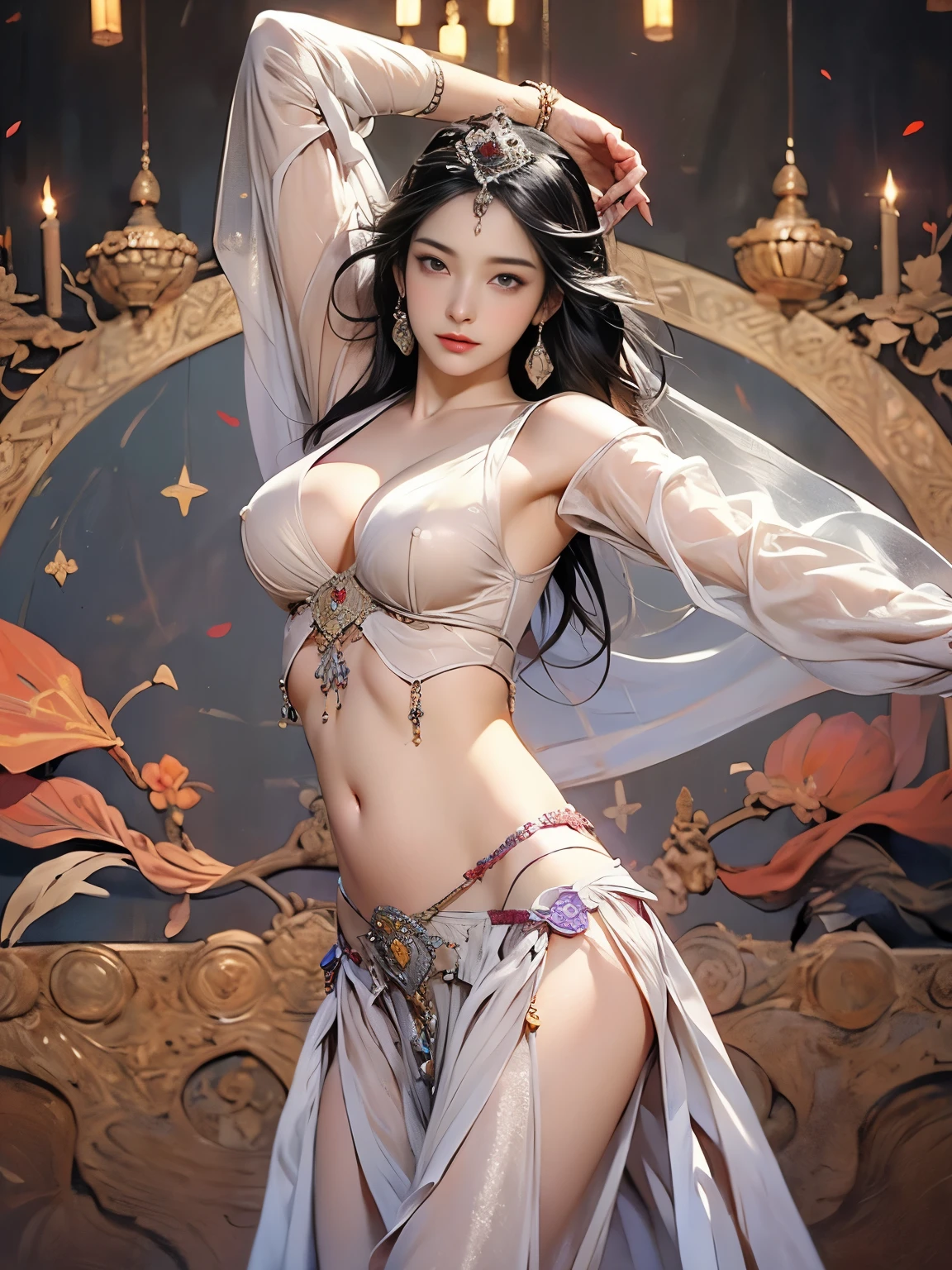 Zerg Queen Beautiful Girl: Ranlinger, 18 years old with slim body, (Belly dancer:1.6), Messy Hair, beautiful Perfect Face, Soft Skin, Perfect Face, Yasutomo Oka's painting style, Big firm Breasts, hard nipples, wearing Belly dancer's (see-through:1.6) red dress, breasts exposed, cleavage is exposed, jewelries, tiara, Add light purple and purple, Add Light Red, Intricate details, Splash screen, 8K resolution, masterpiece, Sexy, Sharp Eyes, Break, white silver, dynamic sexy poses, sweat, (passionately dancing:1.4), (16th century arabic castle, alhambra palace, geometric pattern mural:1.3), Sharp Eyes, Break, white Blonde, Strong winds, Colorful light