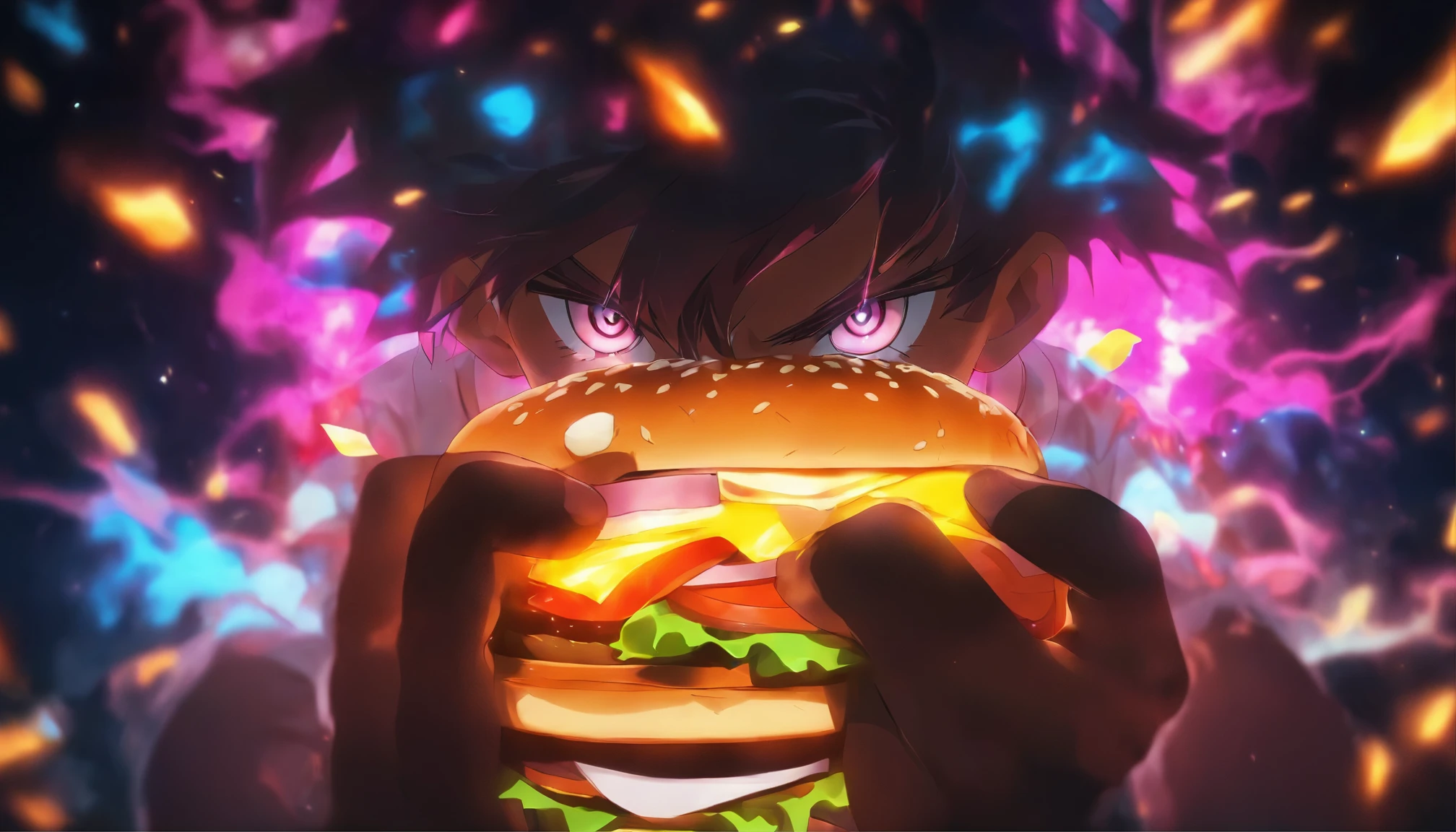 A Hamburger glowing aura against a dark background, with light and shadow effects in the portrait photography style. creating a mysterious atmosphere, in the style of experimental photography.