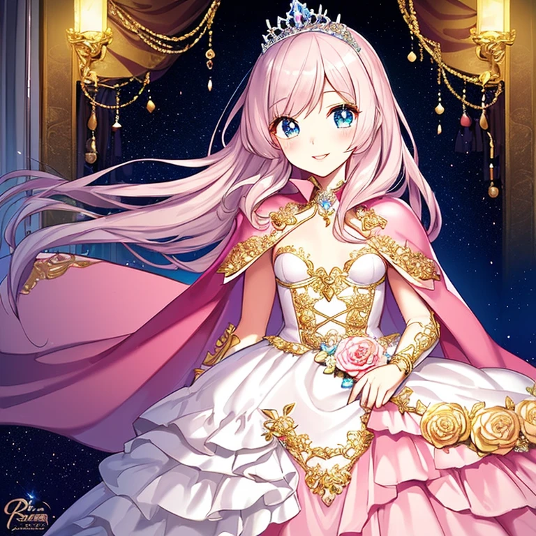 (kawaii),(best quality),(ultra detailed),(rococo style),(long train pastel pink cape:1.15), very long cape,(long train white ball gown with flower decorations:1.1), a girl is wearing a cape over her gown, 1 little princess, tiara, smile, very long hair, small breasts, beautiful detailed eyes, beautiful detailed lips, looking at viewer