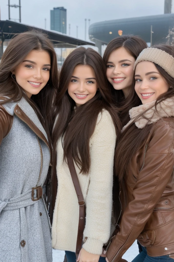 Casual photograph, best quality, 8K, hyper detailed, half body, A close up portrait of three gorgeous, beautiful, wonderful women, argentinian, peruvian and russian females together posing for the camera. Women have super long hair, argentinian girl has brown hair, peruvian girl has brunette hair, and russian girl has light brown hair. They are wearing winter outfits, They are wearing leather jackets. The three girls are wonderful, dream, ethereal, timeless, majestic beauties from Argentina, Perú and Russia, two hispanics and one slavic dream beauties who comes to the hearts. They're glad, smiling and enjoying a day at park in winter. True friendship, they pose happy for the camera. Railway station at background.