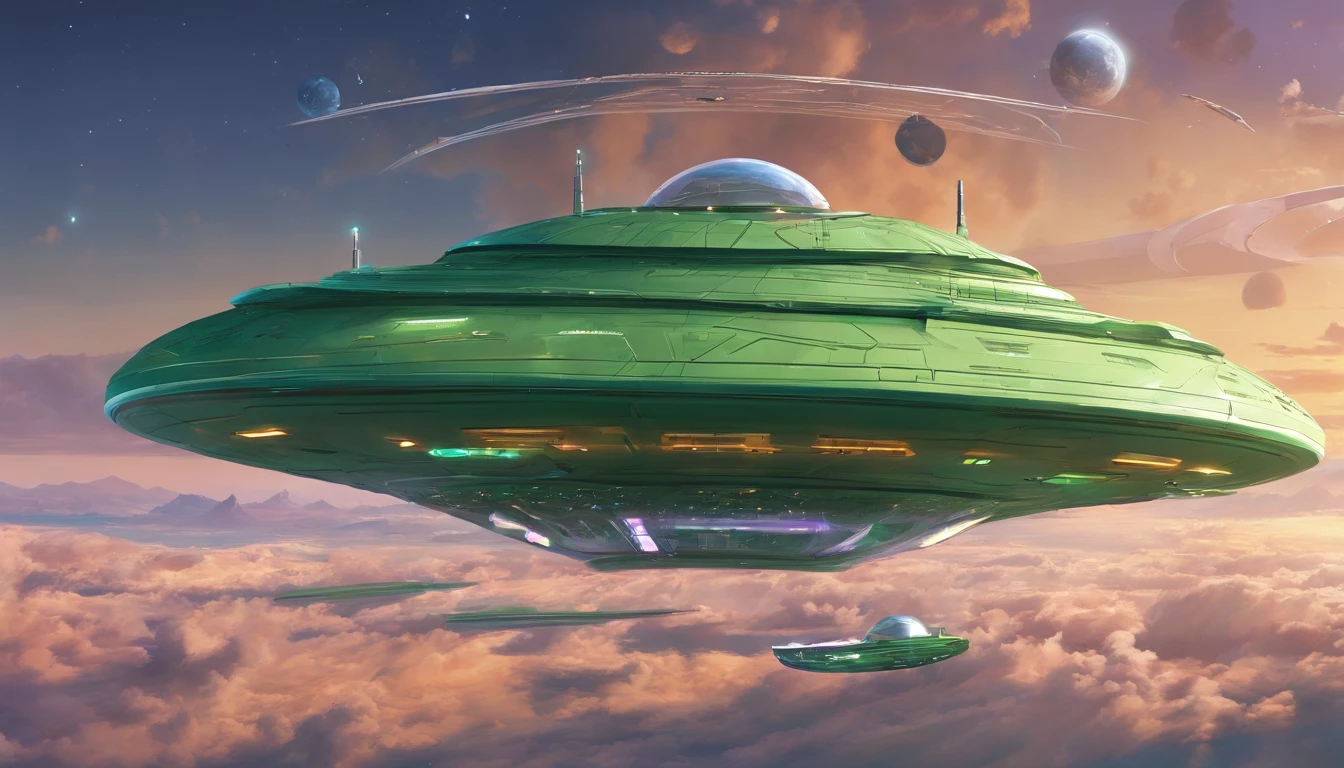 Visualize a (((very large starship))) based on the shape of an infinity symbol, with a length of 144 feet and a diameter of 72 feet at its midsection. Two ((diamond crystal nacelles)) are evenly spaced above the back of the base of the ship. The body is designed like an aircraft carrier. A massive flat dish + a bubble-shaped green matte 1974 Winnebago forms the bridge in its center, emulating a mix of Leonardo da Vinci and Issac Asimov's styles. The ship is flying past Saturn