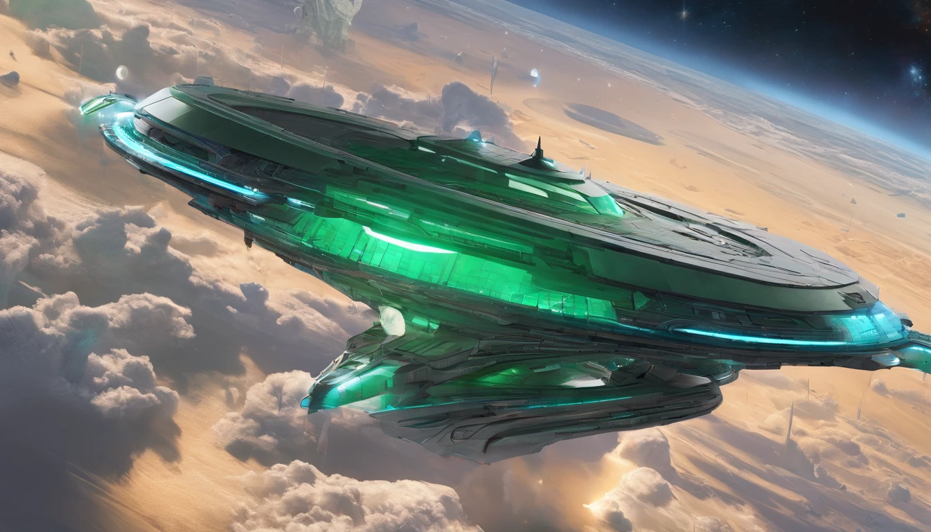 Visualize a (((very large starship))) based on the shape of an infinity symbol, with a length of 144 feet and a diameter of 72 feet at its midsection. Two ((diamond crystal nacelles)) are evenly spaced above the back of the base of the ship. The body is designed like an aircraft carrier. A massive flat dish + a bubble-shaped green matte 1974 Winnebago forms the bridge in its center, emulating a mix of Leonardo da Vinci and Issac Asimov's styles. The ship is flying past Saturn