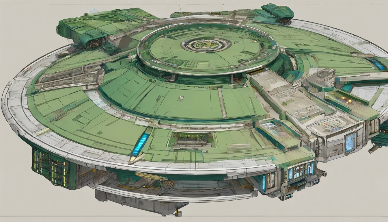 Visualize a (((very large starship))) based on the shape of an infinity symbol, with a length of 144 feet and a diameter of 72 feet at its midsection. Two ((diamond crystal nacelles)) are evenly spaced above the back of the base of the ship. The body is designed like an aircraft carrier. A massive flat dish + a bubble-shaped green matte 1974 Winnebago forms the bridge in its center, emulating a mix of Leonardo da Vinci and Issac Asimov's styles. The ship is flying past Saturn