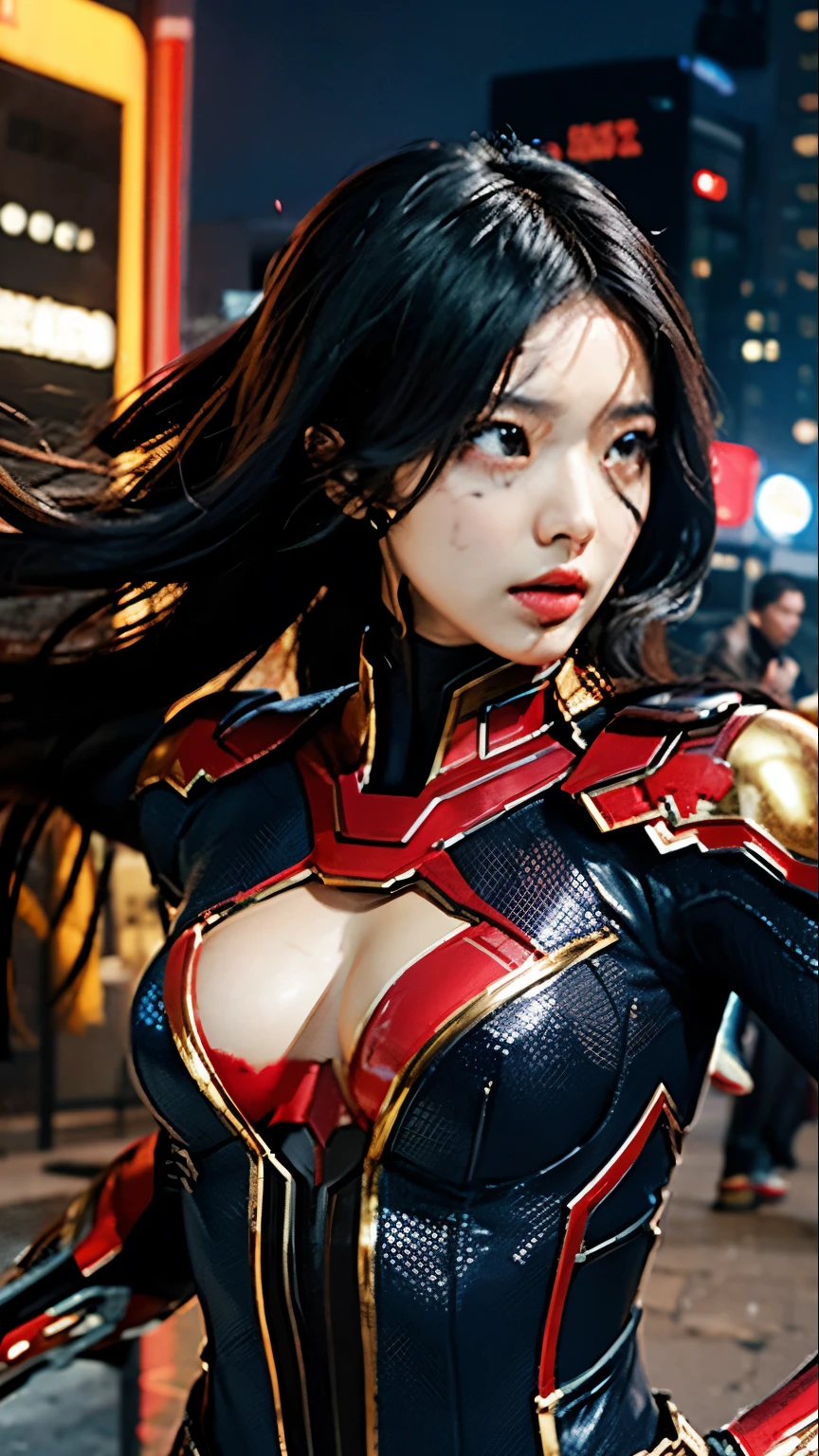 Create a dynamic and action-packed photomanipulation reminiscent of Marvel superhero movies. Feature the Korean girl in hijab showcasing her unique superpowers in a cityscape, visible skin small Breasts, surrounded by red colors and golden Mecha effects