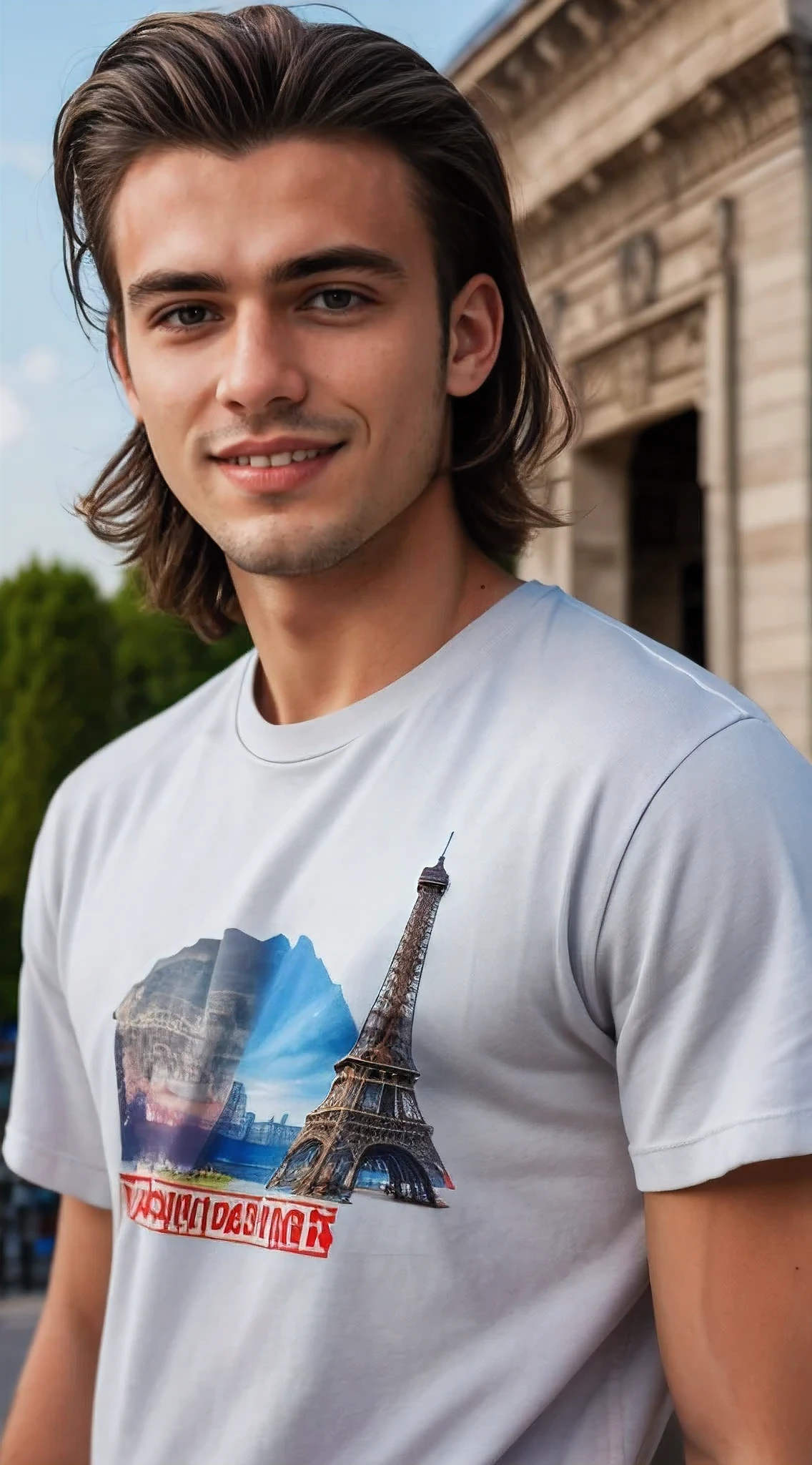 top quality, best quality, High-quality illustrations, masterpiece, super high resolution, beautiful male, young guy, 25 years old, athletic, piercing brow eyes, tousled brown hair, charming smile, wears a t-shirt, theater lighting: 0.7, high res, depth of field, detailed background, Eiffel Tower, France, wind