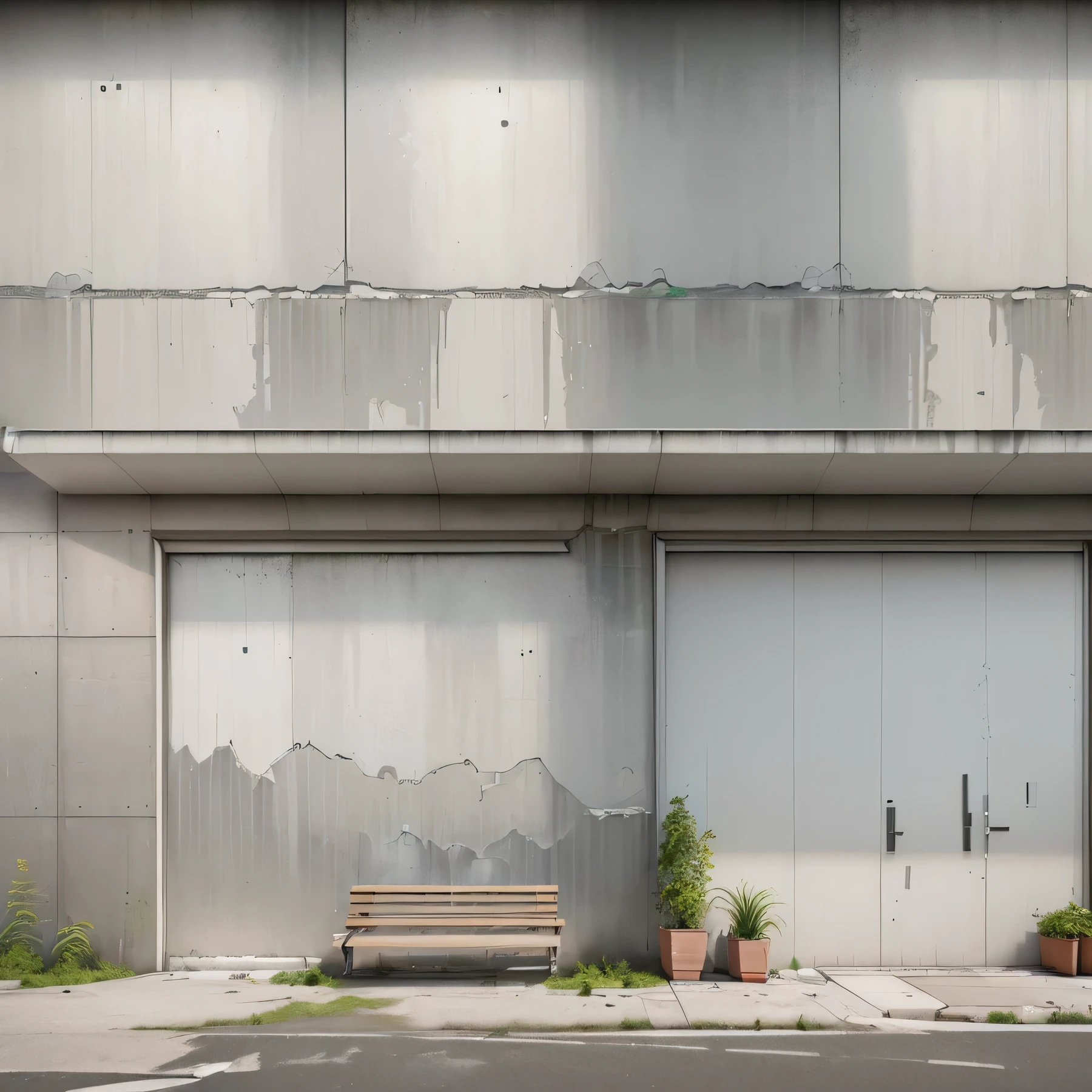 two benches on the side of a building with a concrete wall, abandoned warehouse interior, detailed concrete walls, highly detailed concrete walls, inspired by Andreas Gursky, seamless tileable textures, 3D textures, grey warehouse background, 3D textures, street background, no textures, grungy street background, factory background, (best quality,4k,8k,highres,masterpiece:1.2),ultra-detailed,(realistic,photorealistic,photo-realistic:1.37),cinematic lighting,dramatic lighting,moody lighting,Many stains on the wall,There is moss,plant,Very dirty and full of details。