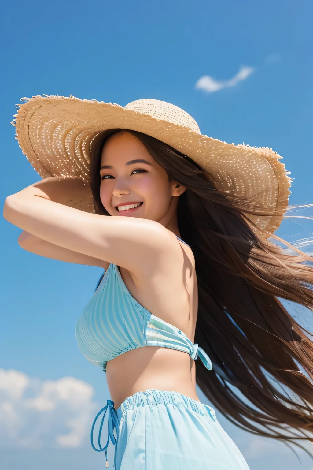 hot summer　Beautiful hair blowing in the wind　Cute woman with a smile