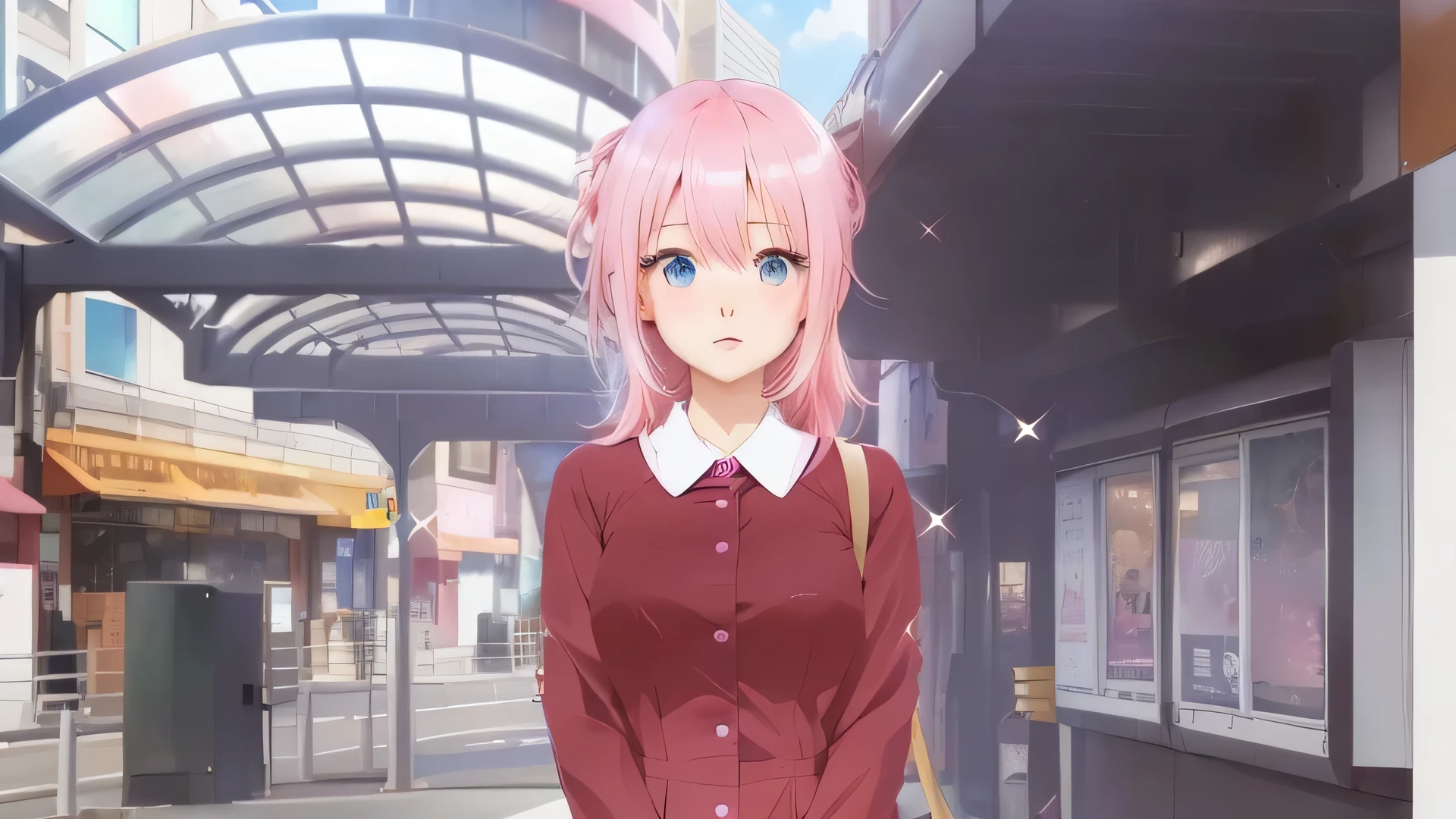 Pink hair and blue eyed anime girl standing in the city, Cute girl anime visuals, Lucy anime girl, From the TV anime, Young woman anime visual, Today&#39;s featured anime is still, In anime movies, Triangle Complex Anime Images, Anime Moe Art Style, Anime Best Girl, anime cgi style, Anime movie screenshots