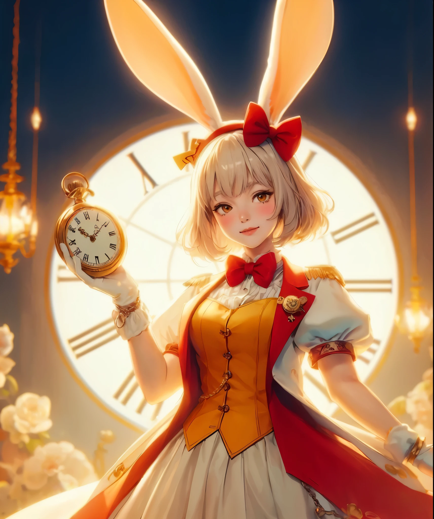 1lady solo, actress, standing, (white rabbit ears:1.1), (red suit jacket), (yellow shirt), bowtie, pants, mature female, /(white beige hair/) bangs, blush (light smile:0.8), (masterpiece best quality:1.2) ultra-detailed, large breasts BREAK (holding (large golden pocket watch:1.1) in hand) BREAK (theater stage) indoors, (Alice in Wonderland), spotlight, detailed background