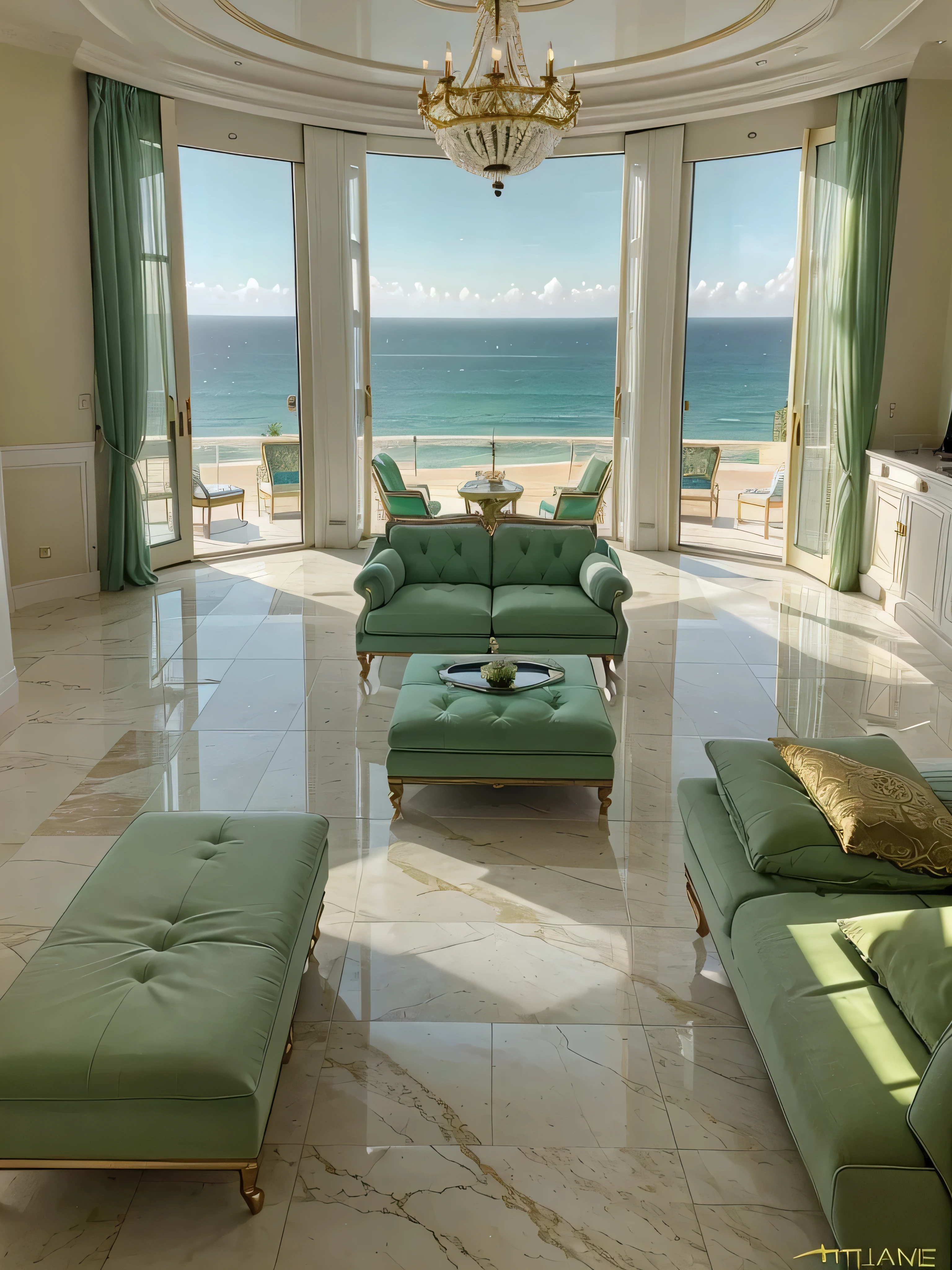 Luxurious living room with large windows offering a panoramic ocean view at sunset. The room features a white curved sofa with green and white throw pillows, a green armchair, and tufted ottomans. Elegant white and gold coffee tables are adorned with decorative items and flowers. The ceiling boasts an intricate design with an exquisite chandelier. Floor-to-ceiling green curtains frame the windows, while the polished marble flooring adds a touch of sophistication. A modern TV sits on a sleek console against the backdrop of the ocean. over view layout clear