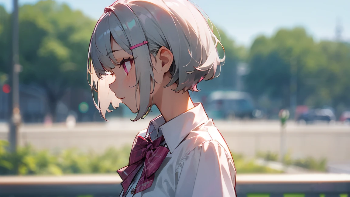 Silver short hair and bob hair、Hair tied up with a hair clip..、Pink Eyes、white blouse shirt、Tartan Check Skirt、profile、Upper body close-up、Sharp contourorning Cafe Terrace、Background blur、Written boundary depth