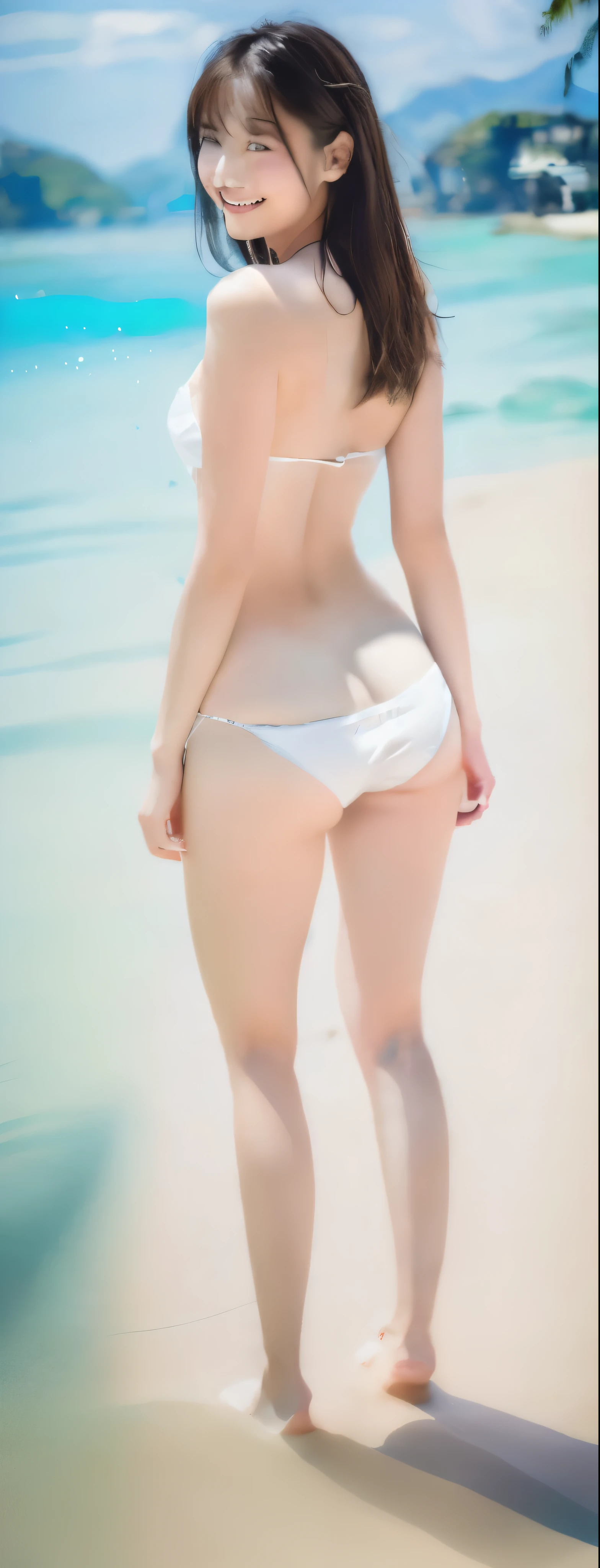 Ultra-detailed photos, Asian woman in her 50s wearing a white bikini on the beach, White silver bikini, Elegant and smooth body, Shapely and firm ass, Rear view, Photorealistic perfect body, Beautiful female waist, Attractive appearance, Metal Bikini, Lower body close-up, Features of a smooth body, Photo from behind, Glossy plastic bikini, Slim girl model photo, smile, Midsummer Day, 