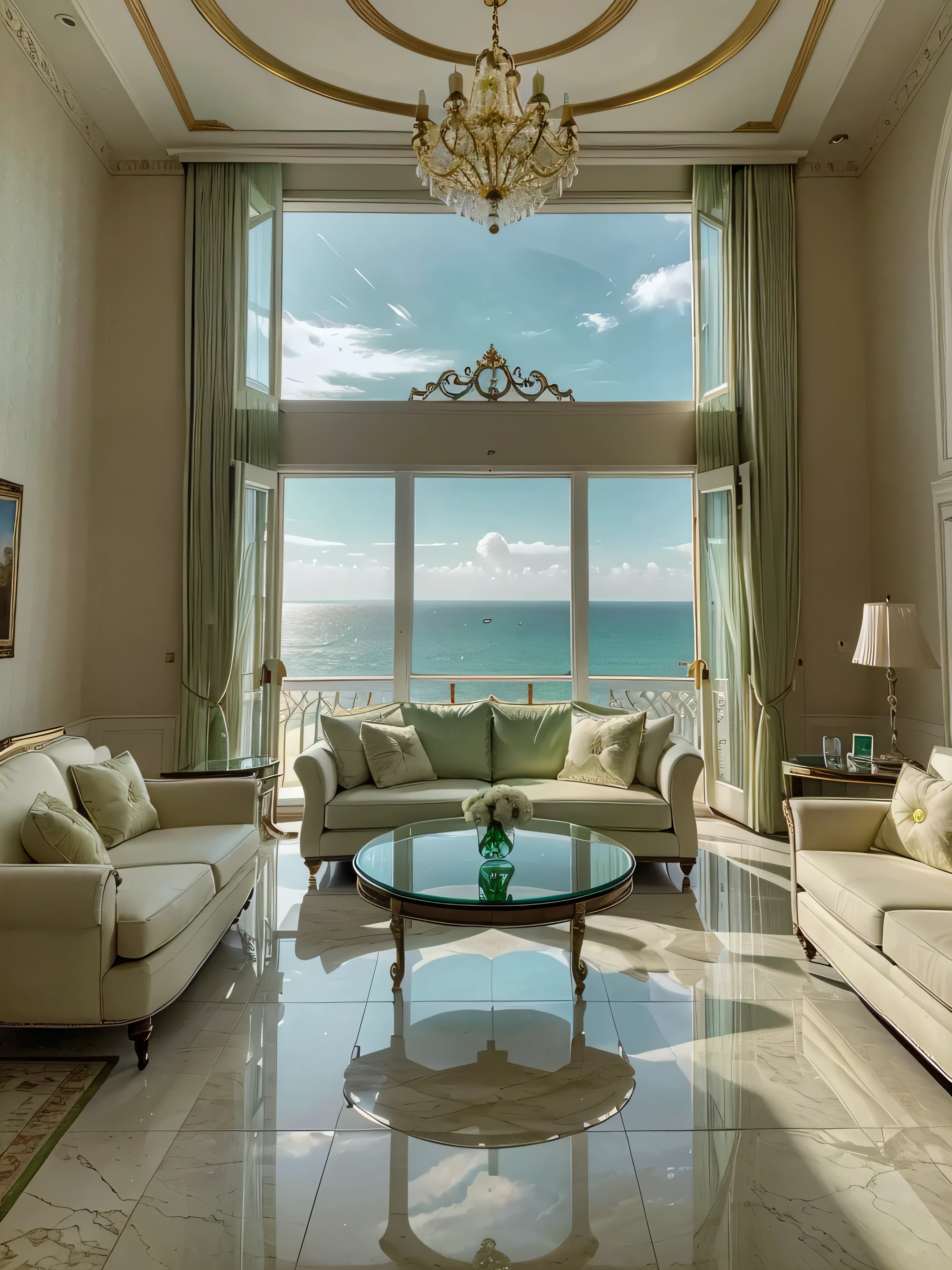 Luxurious living room with large windows offering a panoramic ocean view at sunset. The room features a white curved sofa with green and white throw pillows, a green armchair, and tufted ottomans. Elegant white and gold coffee tables are adorned with decorative items and flowers. The ceiling boasts an intricate design with an exquisite chandelier. Floor-to-ceiling green curtains frame the windows, while the polished marble flooring adds a touch of sophistication. A modern TV sits on a sleek console against the backdrop of the ocean. over view layout clear 