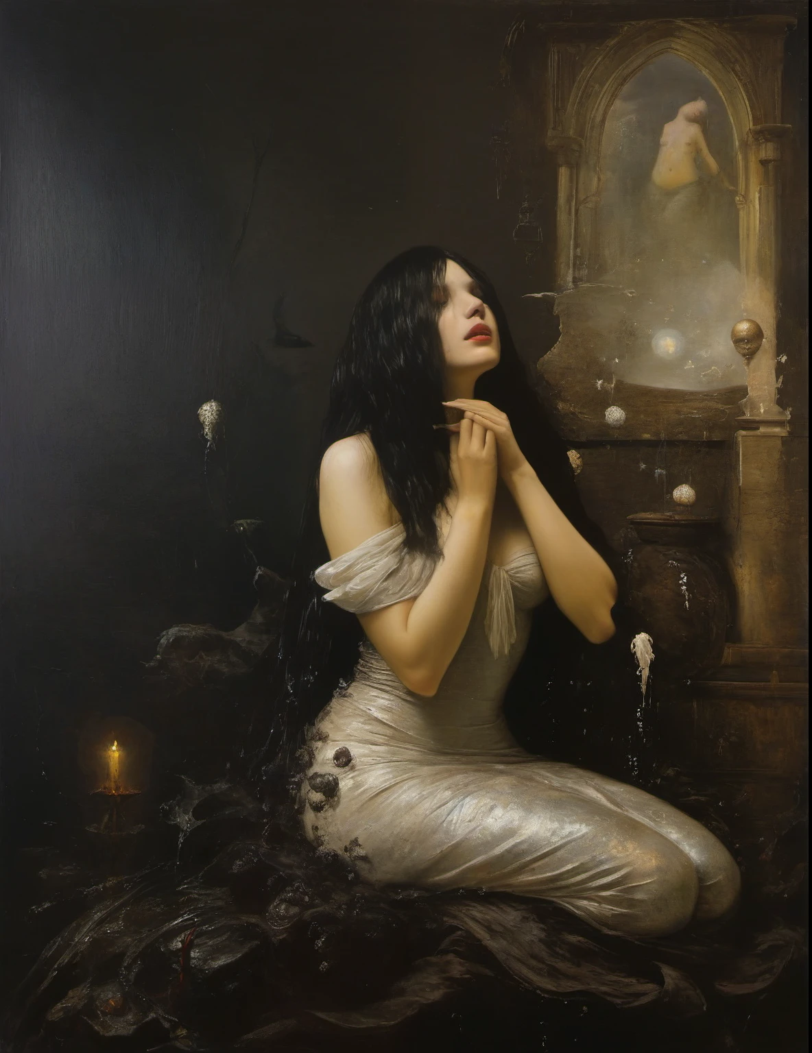 James Gurney, Surrealist art , dream-like, Mysterious, Provocative, symbolic, Complex, detailed,, (Gothic but very beautiful:1.4), (masterpiece, highest quality:1.4) , Nicola Samori Style, Goddess-like mermaid
