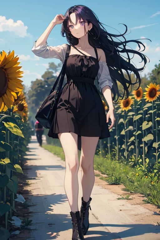 2D beautiful girl, purple eyes, long black hair, flowing hair, full body, beautiful blue sky, sunflowers, beautiful scenery