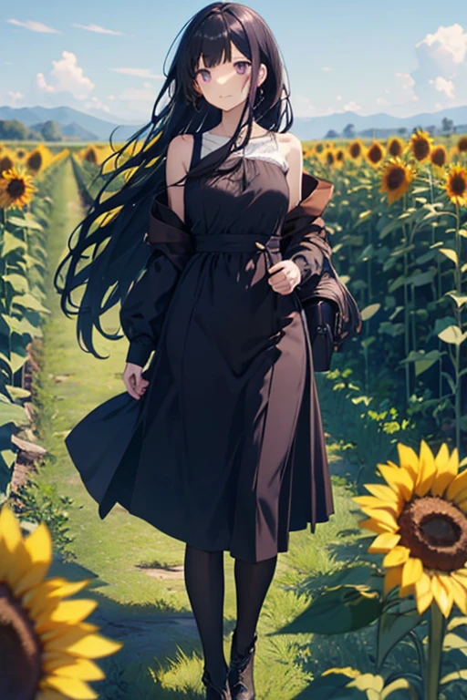 2D beautiful girl, purple eyes, long black hair, flowing hair, full body, beautiful blue sky, sunflowers, beautiful scenery