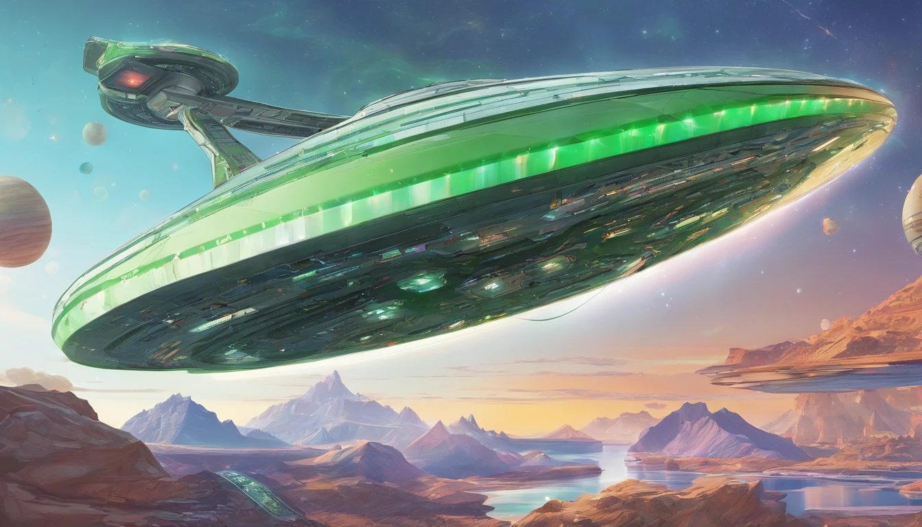 Visualize a (((very large starship))) based on the shape of an infinity symbol, with a length of 144 feet and a diameter of 72 feet at its midsection. Two ((diamond crystal nacelles)) are evenly spaced above the back of the base of the ship. The body is designed like an aircraft carrier. A massive flat dish + a bubble-shaped green matte 1974 Winnebago forms the bridge in its center, emulating a mix of Leonardo da Vinci and Issac Asimov's styles. The ship is flying past Saturn