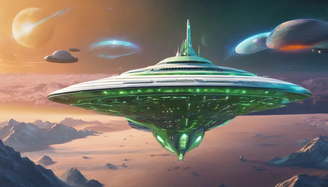 Visualize a (((very large starship))) based on the shape of an infinity symbol, with a length of 144 feet and a diameter of 72 feet at its midsection. Two ((diamond crystal nacelles)) are evenly spaced above the back of the base of the ship. The body is designed like an aircraft carrier. A massive flat dish + a bubble-shaped green matte 1974 Winnebago forms the bridge in its center, emulating a mix of Leonardo da Vinci and Issac Asimov's styles. The ship is flying past Saturn