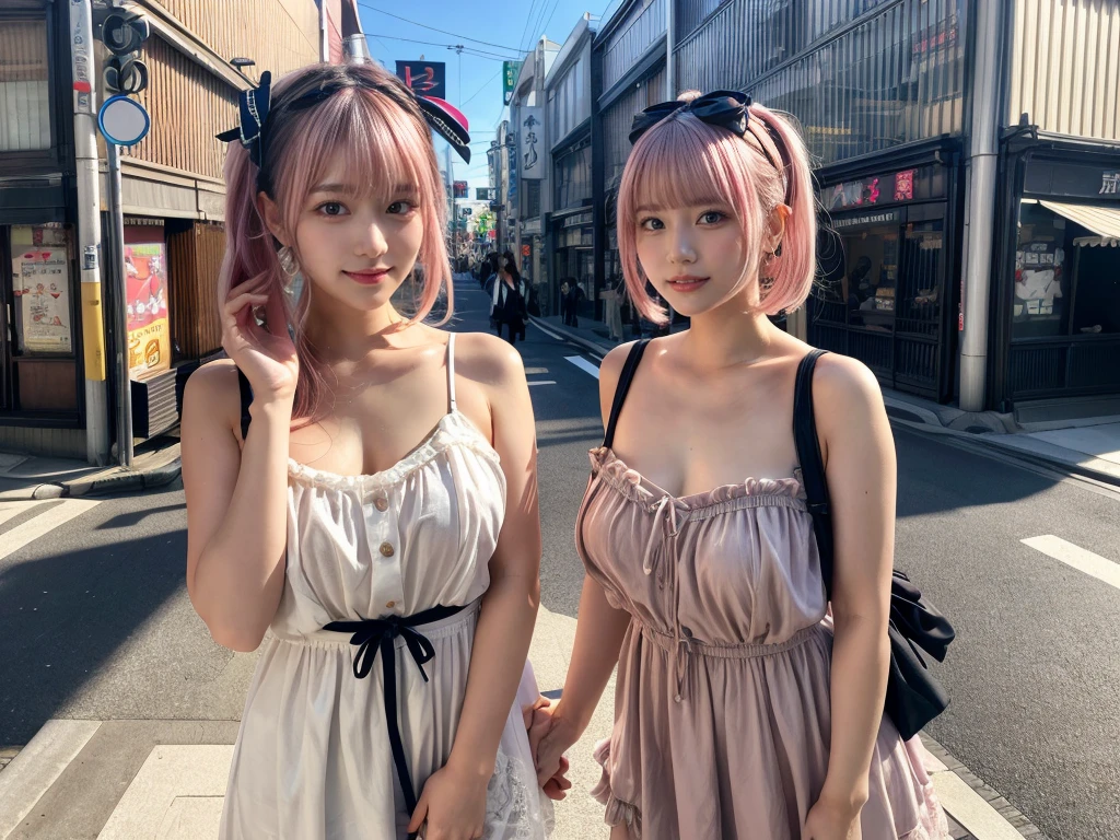 (Realistic:1.3), Finely detailed, quality, Rembrandt lighting, (masutepiece:1.2), (Photorealistic:1.2), (Best Quality), (Detailed skin:1.3), (Intricate details), Dramatic, Ray tracing, Break 1 Girl, japanaese girl, Smiling,(Pink Hair 1.4), twin-tail hair, Twin Loop Hair, Parted bangs, Eye highlights 21 years old, medium breasts, earrings, jirai fashion, Short dress, frilld, Lace, bow ribbon, BREAK (on tokyo street, Harajuku, A clear day), BREAK