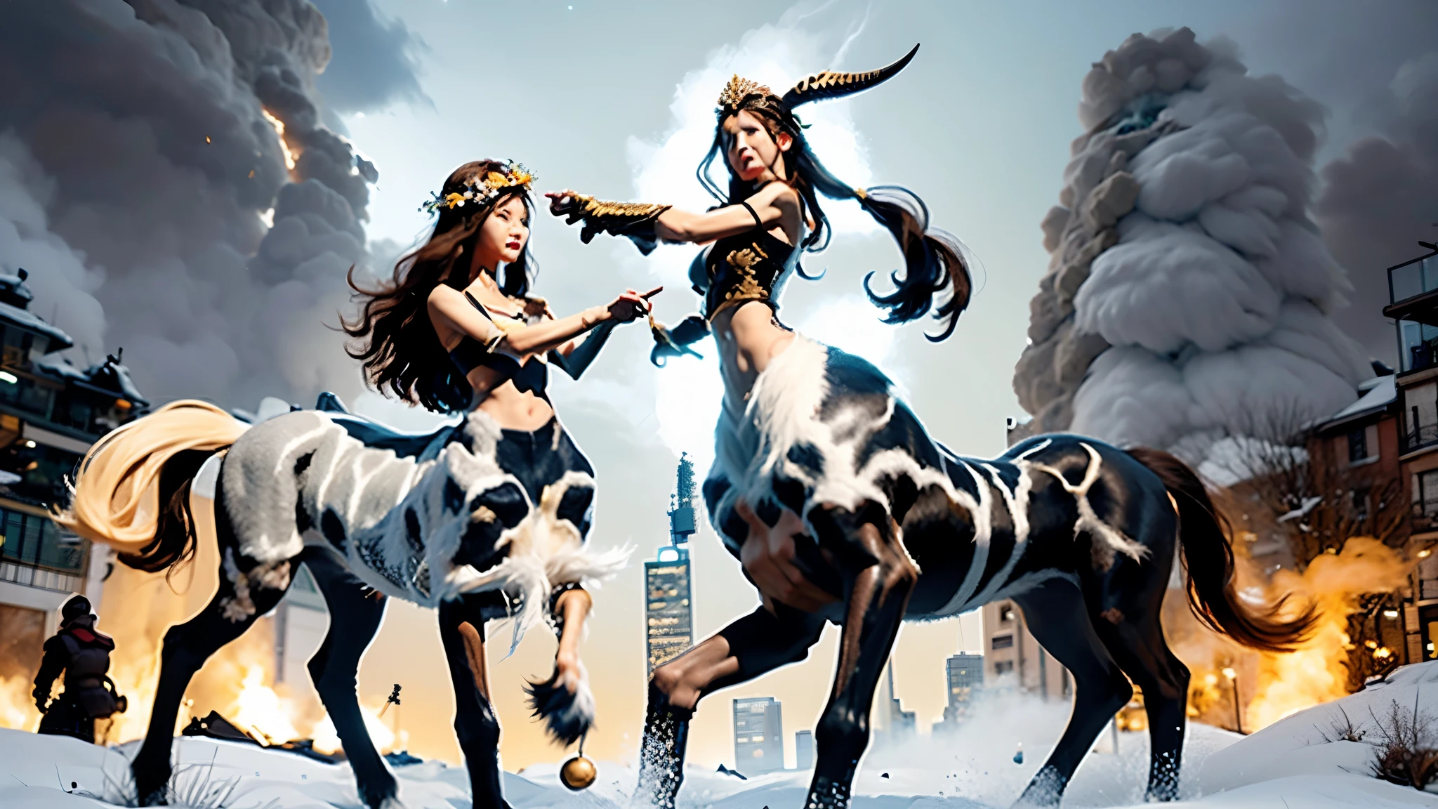 In the beautiful illustration of this super-grand scene，The ultra-distant lens shows us（More than eight distinctive and beautiful female centaurs，Half man, half horse，Half man, half horse，Princess：2.7），Their personality、Distinctive and vivid features。from（A radiant, angelic, snow-white centaur from heaven：1.1），arrive（Nightmare-like fiery red centaur surrounded by flames：1.1）、再arrive（Green Centaur, the wind fairy dancing in the air：1.1）、再arrive有（One-horned blue centaur surrounded by lightning：1.1），arrive（A mechanical-style mecha Centaur shining with metallic light：1.1）、再arrive（A powerful dragon-shaped centaur wearing colorful dragon scale leather：1.1）、再arrive（A slender elven centaur that is graceful and agile：1.1）Gracefully wears a flower crown、arrive（Enchanting and charming Tiflin centaurs：1.1）、再arrive（A succubus centaur with an indescribably sexy feeling：1.1）。Each Centaur character fully demonstrates his unique style。The illustration uses advanced artistic techniques and tools，Use nesting、Weaving、Splicing、perspective、interlude、Montage and other artistic techniques，Divide the scene into sections by geometric arrangement，Each part corresponds to a role，from而更有效地利用了空间，Make eight centaurs exist in one picture at the same time，（The style tends to be grotesque、Hayao Miyazaki、Aesthetic、indescribable：3.3）。Through Midjourney's advanced brush tools、Color palette、Material packs和模型包、Texture tools，For each centaur, beautiful props are designed to increase racial characteristics、Clothing and physical features，Enhances the character's personality and visual appeal，（Stunning landscapes in illustrations，There are changing skies、rainbow、aurora、Stars and Moon，Incorporating iconic landmarks such as Mount Everest，and fireworks、Tranquil Lake、Natural and urban elements of waves and neon lights，Creates a magical atmosphere：1.5），Centaurs demonstrate their unique abilities and equipment in a variety of environments，This is true even in extreme alien landscapes。Use Midjourney's tools、Material packs、Texture tools、The color palette makes depicting details vivid and realistic，from复杂的发型和以及不同的种族特质、Body、Appearance features、服装arrive真实的纹理，Greatly improved the realism of the Centaurs and their surroundings，The fusion of multiple art styles adds dynamism to the character&#39;s movement at all angles，The overall visual experience is further enriched。The final illustration was described as a "masterpiece"，It has the characteristics of "best quality" and "realistic"，The details put into the creative process are shown、Level of creativity and craftsmanship。 hdr，（Reality，Masterpiece quality，Best quality）