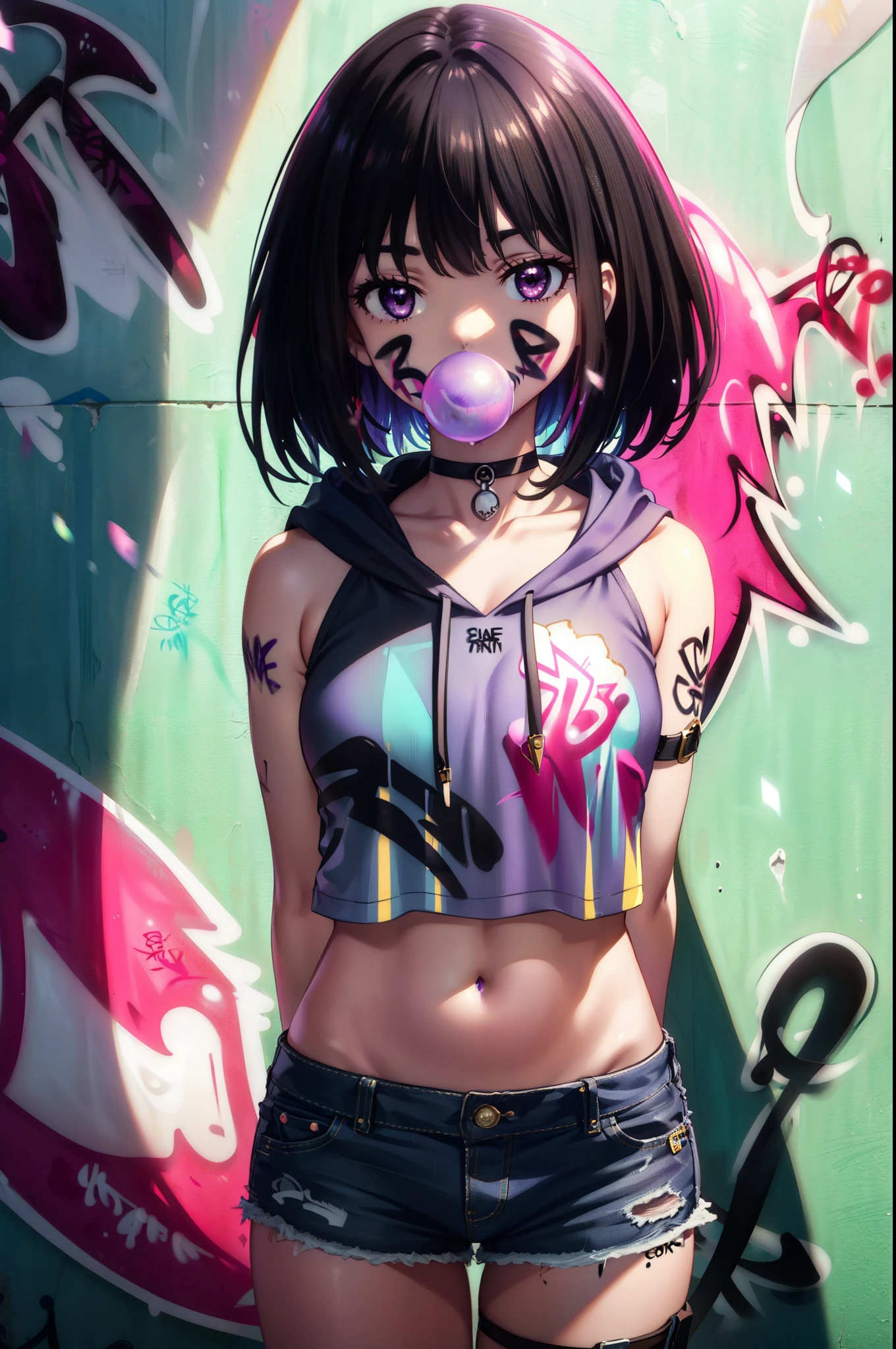 Takiuchi, Check it out, Long Hair, bangs, Black Hair, (Purple eyes:1.2),Blue hoodie Front opening,Food up,Blowing bubble gum, Pink bubble gum,Bobcut,Belly button tank top,Denim shorts, choker, (graffiti:1.5), Paint splashes, Place your arms behind your back, Against the wall, Looking at the audience , Thigh straps, Tilt your head, was bored,break outdoors, alley,break looking at viewer, (Cowboy Shot:1.5),
break (masterpiece:1.2), highest quality, High resolution, unity 8k wallpaper, (shape:0.8), (Beautiful and exquisite:1.6), Highly detailed face, Perfect lighting, Extremely detailed CG, (Perfect hands, Perfect Anatomy),
