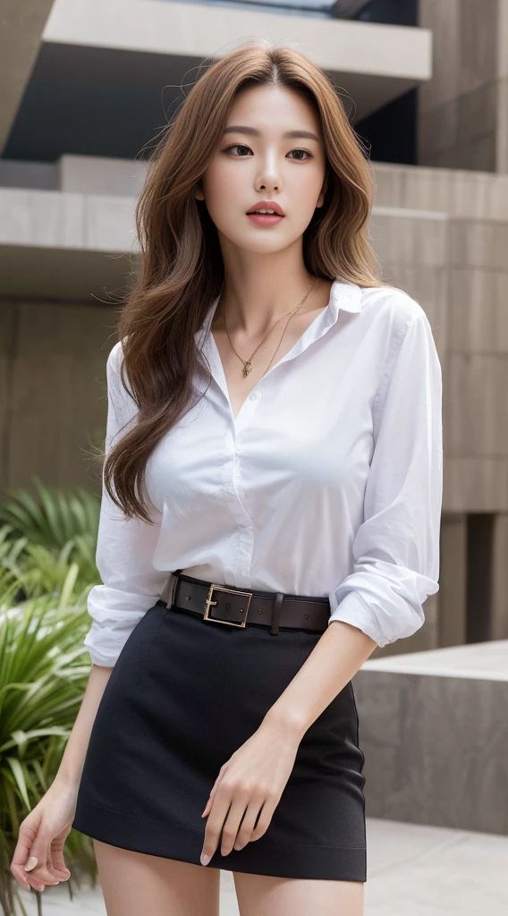 (Best quality, High resolution, Masterpiece :1.3), A tall and pretty woman, Slender abs, Dark brown hair styled in loose waves, Breasts, Wearing pendant, White button up shirt, Belt, Black skirt, (Modern architecture in background), Details exquisitely rendered in the face and skin texture, Detailed eyes, Double eyelid