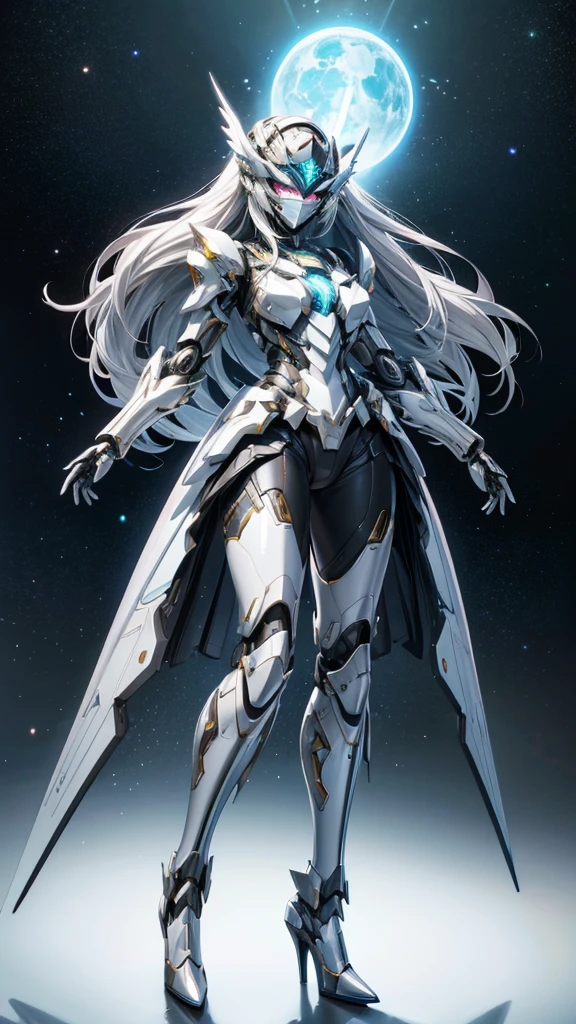 Large glowing long-haired female robot , Silver sci-fi fluorescent armor,helmet ,metal mask,chest,female body,Mechanical joints,wing,Iron skirt,thigh, High heel, Standing,front,,Space(masterpiece, best quality, high quality, High resolution, Extremely detailed),