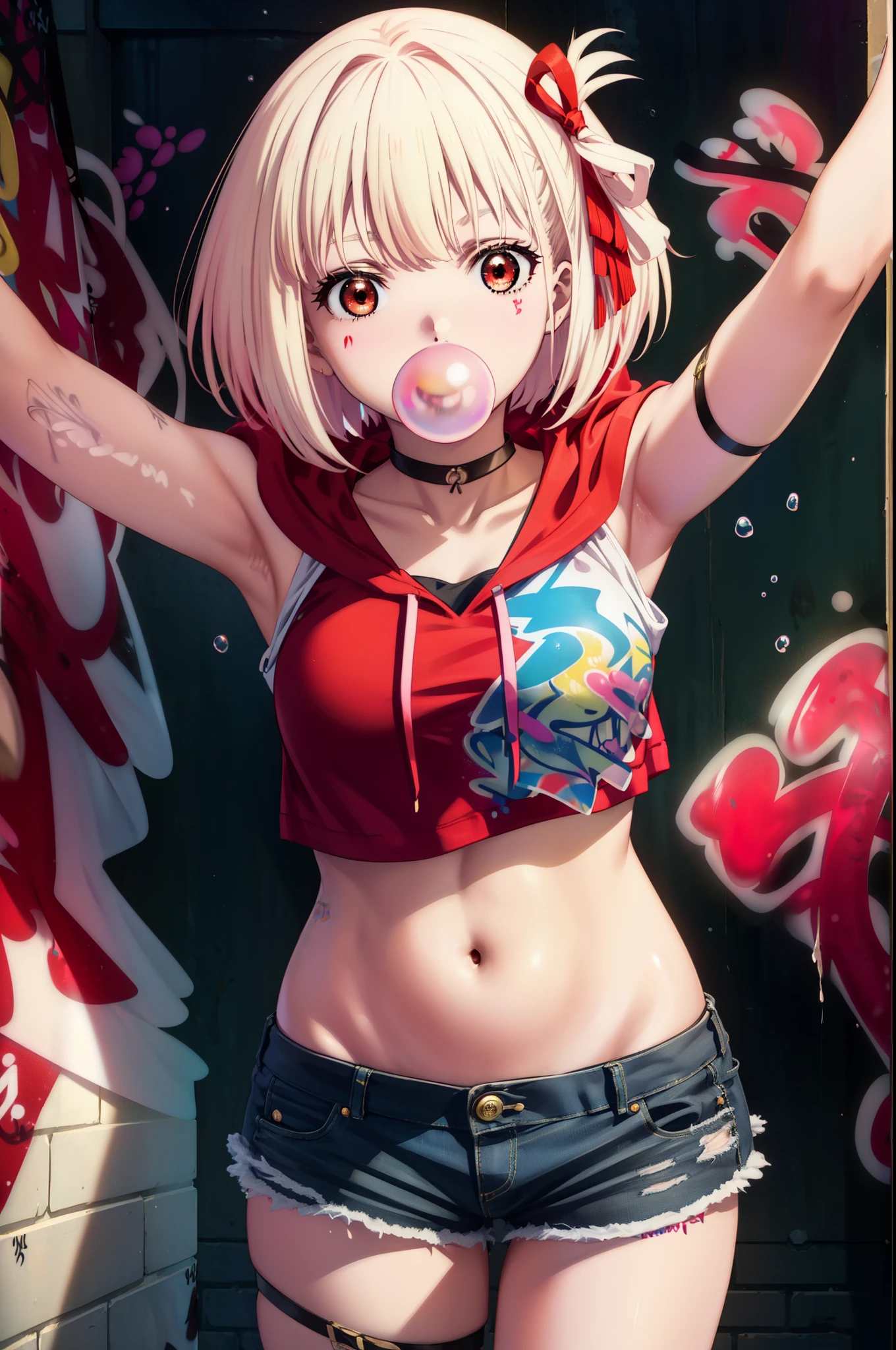 Chisato Nishikigi, Chisato Nishikigi, short hair, bangs, blonde, (Red eyes:1.5), Hair Ribbon, One side up, Red hoodie Front opening,Wearing a hood,Blowing bubble gum, Pink bubble gum,Bobcut,Belly button tank top,Denim shorts, choker, (graffiti:1.5), Paint splashes, Place your arms behind your back, Against the wall, Looking at the audience , Thigh straps, Tilt your head, was bored,break outdoors, alley,break looking at viewer, (Cowboy Shot:1.5),
break (masterpiece:1.2), highest quality, High resolution, unity 8k wallpaper, (shape:0.8), (Beautiful and exquisite:1.6), Highly detailed face, Perfect lighting, Extremely detailed CG, (Perfect hands, Perfect Anatomy),