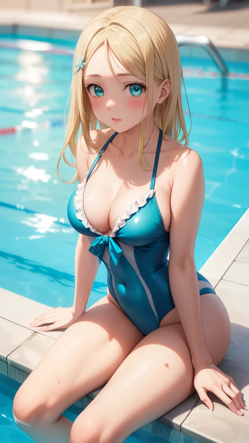 masterpiece, best quality, highly detailed, ultra high res, ayase arisa, 1girl, solo, hair ornament, long blonde hair, glossy lips, medium breasts, aqua eyes, frilly swimsuit, sitting, pool edge