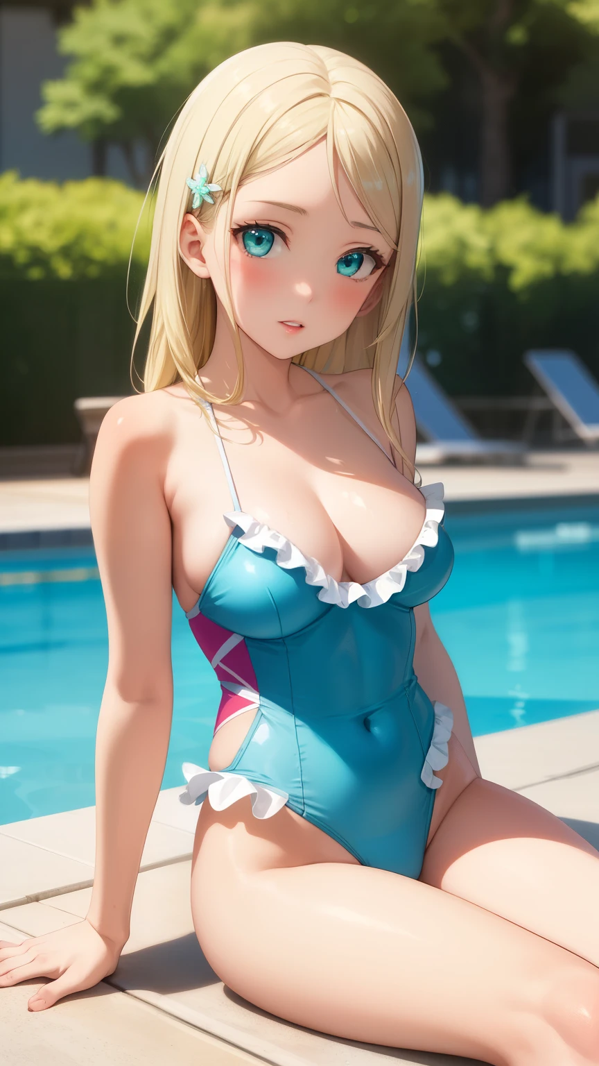 masterpiece, best quality, highly detailed, ultra high res, ayase arisa, 1girl, solo, hair ornament, long blonde hair, glossy lips, medium breasts, aqua eyes, frilly swimsuit, sitting, pool edge