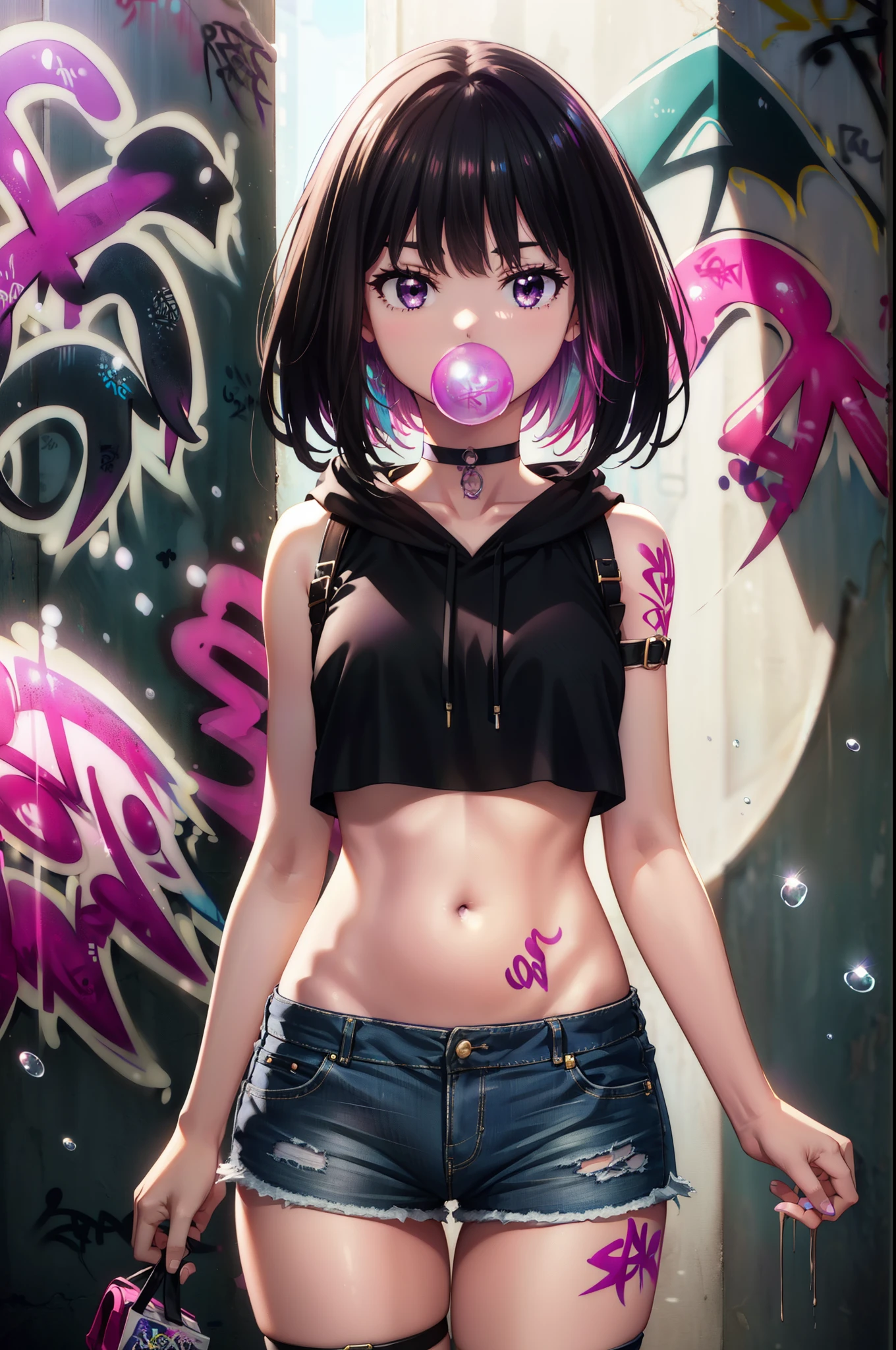 Takiuchi, Check it out, Long Hair, bangs, Black Hair, (Purple eyes:1.2),Blue hoodie　Front opening,Food up,Blowing bubble gum, Pink bubble gum,Bobcut,Belly button tank top,Denim shorts, choker, (graffiti:1.5), Place your arms behind your back, Against the wall, Looking at the audience , Thigh straps, Tilt your head, was bored,break outdoors, alley,break looking at viewer, (Cowboy Shot:1.5),
break (masterpiece:1.2), highest quality, High resolution, unity 8k wallpaper, (shape:0.8), (Beautiful and exquisite:1.6), Highly detailed face, Perfect lighting, Extremely detailed CG, (Perfect hands, Perfect Anatomy),